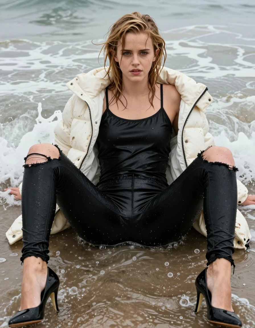 photo of young woman, in soaking wet, drenched clothes,
Black stilettos , Torn black leggings , Black satin camisole, muddy white puffer jacket , Lying in surf, legs apart, 
enjoying, wet clothes stuck to body,
detailed textures of the wet clothes, wet face, wet plastered hair,
wet, drenched, professional, high-quality details, full body view.
sharp focus, ultra-high pixel detail, realistic, high-quality, full colors, incredibly detailed, 4k, 8k, 16k, hyper-realistic, RAW photo, masterpiece, ultra-detailed, professionally color graded, professional photograph, Blonde, Emma Watson,, wet skin, wet clothes, damp fabric