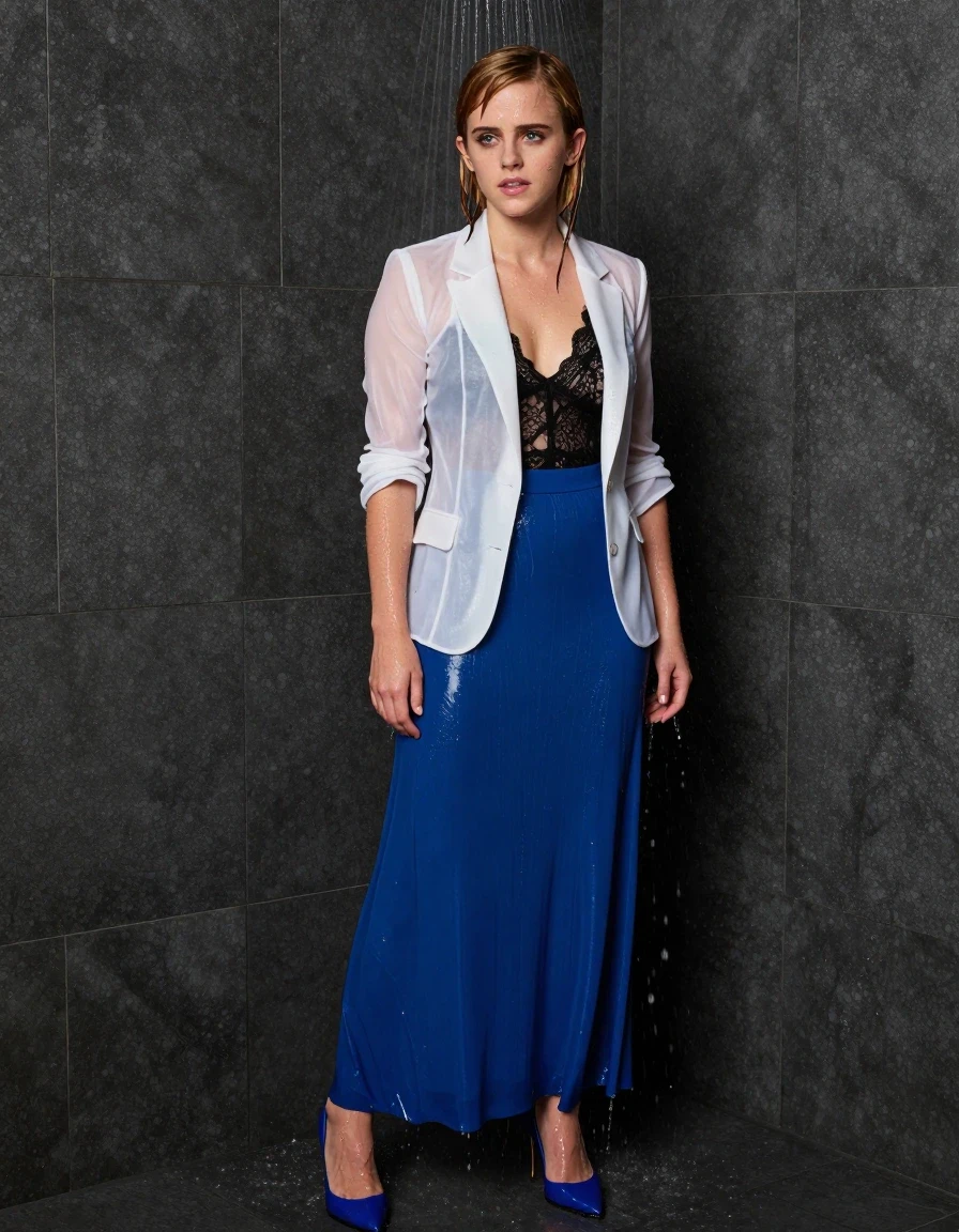 photo of young woman, in soaking wet, drenched clothes,
Blue high heels , blue gown , Black lace camisole, see-through white blazer, Standing In shower, 
enjoying, wet clothes stuck to body,
detailed textures of the wet clothes, wet face, wet plastered hair,
wet, drenched, professional, high-quality details, full body view.
sharp focus, ultra-high pixel detail, realistic, high-quality, full colors, incredibly detailed, 4k, 8k, 16k, hyper-realistic, RAW photo, masterpiece, ultra-detailed, professionally color graded, professional photograph, Blonde, Emma Watson, wet skin, wet clothes, damp fabric