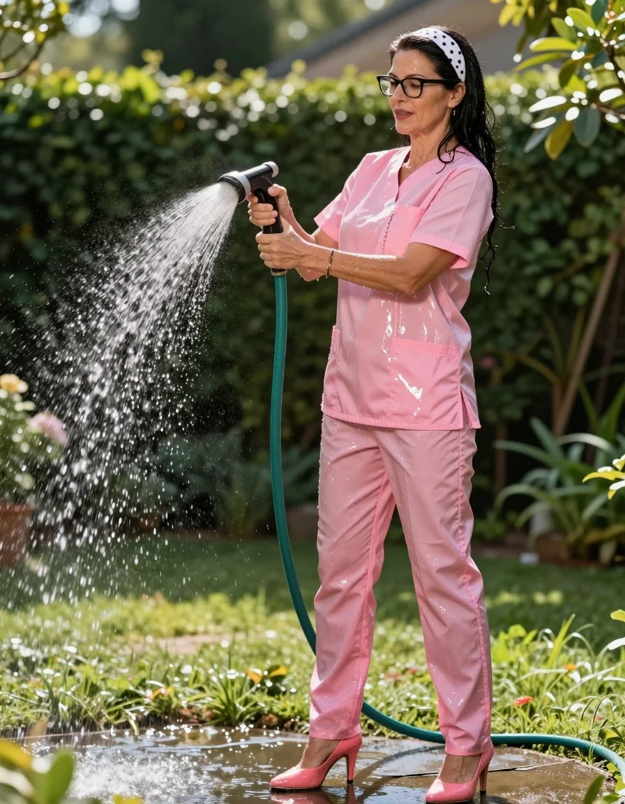 photo of young woman, in soaking wet, drenched clothes,
high-heeled shoes, shiny pink scrubs, Shiny pink scrubs, pouring water with the hose on, in sunny garden, 
enjoying, wet clothes stuck to body,
detailed textures of the wet clothes, wet face, wet plastered hair,
wet, drenched, professional, high-quality details, full body view.
sharp focus, ultra-high pixel detail, realistic, high-quality, full colors, incredibly detailed, 4k, 8k, 16k, hyper-realistic, RAW photo, masterpiece, ultra-detailed, professionally color graded, professional photograph, european brunette skinny woman 50 years old, long dark black hair, white polka-dot headband, office glasses, very big and thick lips, complete body, wet skin, wet clothes, damp fabric, wet skin, wet clothes, damp fabric, wet skin, wet clothes, damp fabric, wet skin, wet clothes, damp fabric, wet skin, wet clothes, damp fabric, wet skin, wet clothes, damp fabric, wet skin, wet clothes, damp fabric, wet skin, wet clothes, damp fabric