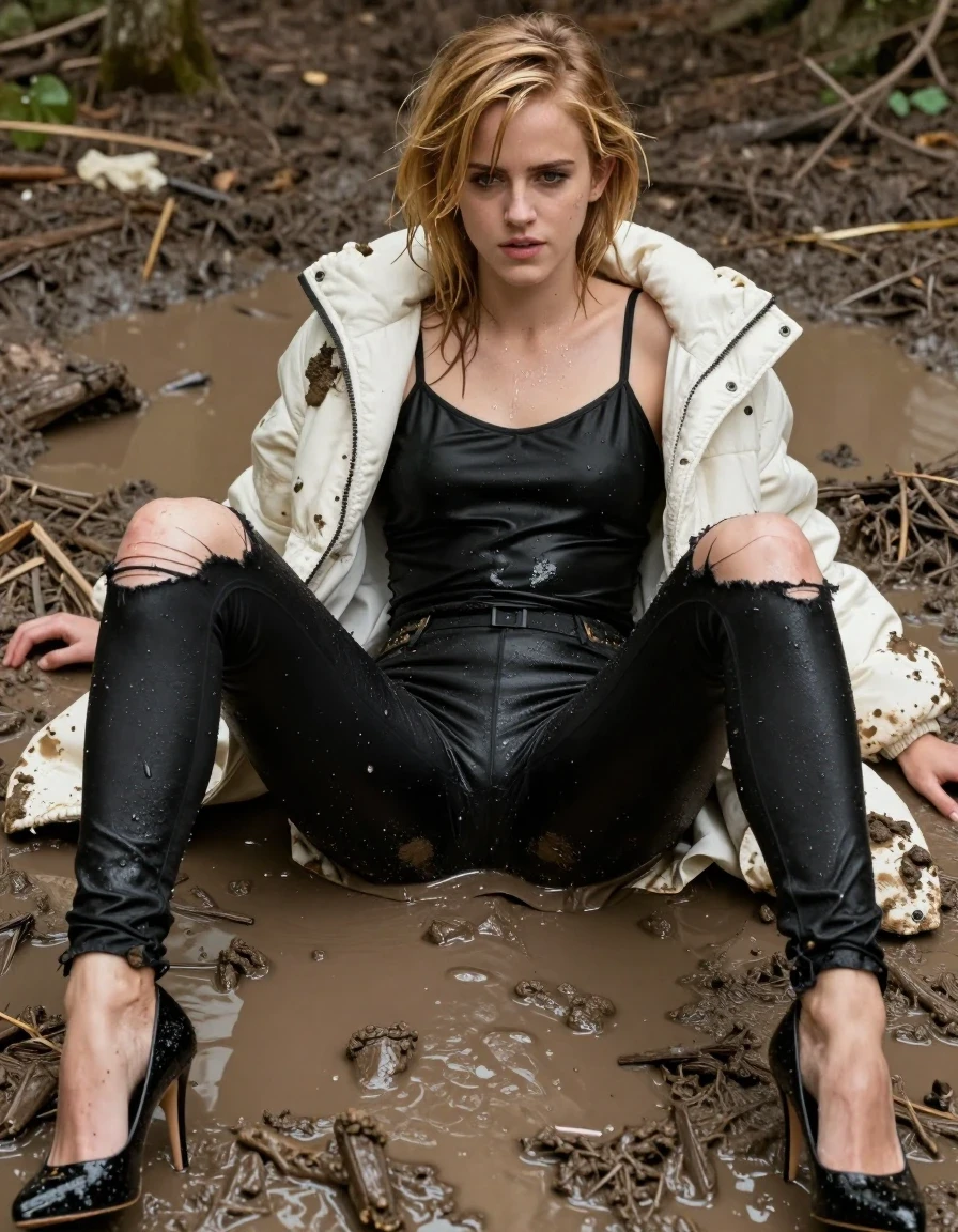 photo of young woman, in soaking wet, drenched clothes,
Black stilettos , Torn black leggings , Black satin camisole, muddy white puffer jacket , Lying in muddy puddle, legs apart, 
enjoying, wet clothes stuck to body,
detailed textures of the wet clothes, wet face, wet plastered hair,
wet, drenched, professional, high-quality details, full body view.
sharp focus, ultra-high pixel detail, realistic, high-quality, full colors, incredibly detailed, 4k, 8k, 16k, hyper-realistic, RAW photo, masterpiece, ultra-detailed, professionally color graded, professional photograph, Blonde, Emma Watson,, wet skin, wet clothes, damp fabric