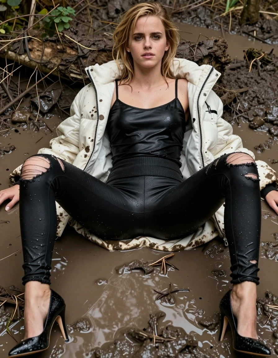 photo of young woman, in soaking wet, drenched clothes,
Black stilettos , Torn black leggings , Black satin camisole, muddy white puffer jacket , Lying in muddy puddle, legs apart, 
enjoying, wet clothes stuck to body,
detailed textures of the wet clothes, wet face, wet plastered hair,
wet, drenched, professional, high-quality details, full body view.
sharp focus, ultra-high pixel detail, realistic, high-quality, full colors, incredibly detailed, 4k, 8k, 16k, hyper-realistic, RAW photo, masterpiece, ultra-detailed, professionally color graded, professional photograph, Blonde, Emma Watson,, wet skin, wet clothes, damp fabric