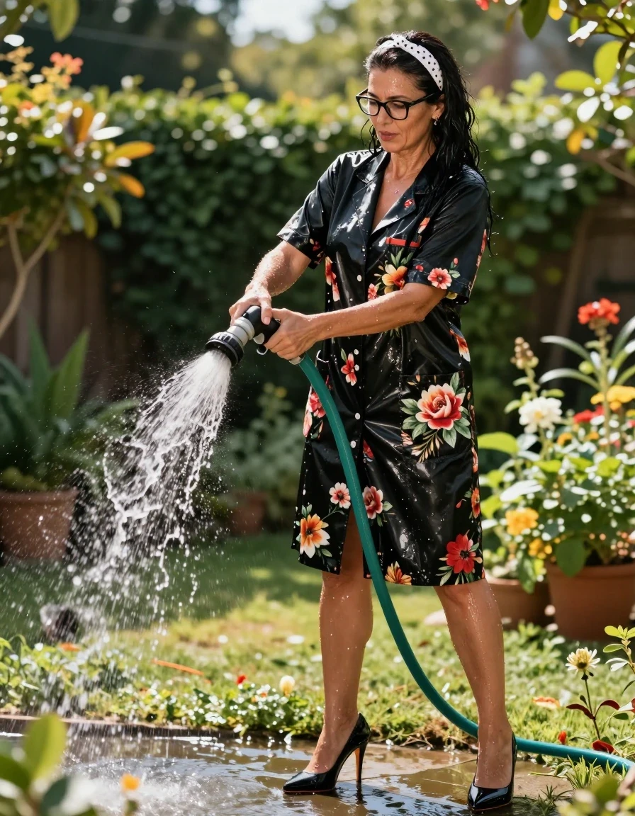 photo of young woman, in soaking wet, drenched clothes,
high-heeled shoes, Maxi shiny black floral labcoat with short sleeves , Maxi Shiny black floral labcoat with short sleeves , pouring water with the hose on, in sunny garden, 
enjoying, wet clothes stuck to body,
detailed textures of the wet clothes, wet face, wet plastered hair,
wet, drenched, professional, high-quality details, full body view.
sharp focus, ultra-high pixel detail, realistic, high-quality, full colors, incredibly detailed, 4k, 8k, 16k, hyper-realistic, RAW photo, masterpiece, ultra-detailed, professionally color graded, professional photograph, european brunette skinny woman 50 years old, long dark black hair, white polka-dot headband, office glasses, very big and thick lips, complete body, wet skin, wet clothes, damp fabric, wet skin, wet clothes, damp fabric, wet skin, wet clothes, damp fabric, wet skin, wet clothes, damp fabric, wet skin, wet clothes, damp fabric, wet skin, wet clothes, damp fabric, wet skin, wet clothes, damp fabric, wet skin, wet clothes, damp fabric