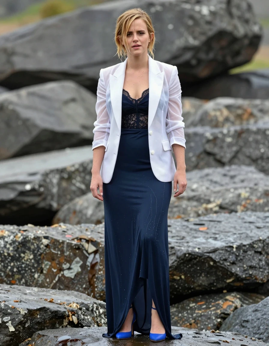 photo of young woman, in soaking wet, drenched clothes,
Blue high heels , blue gown , Black lace camisole, see-through white blazer, Standing on rocks , 
enjoying, wet clothes stuck to body,
detailed textures of the wet clothes, wet face, wet plastered hair,
wet, drenched, professional, high-quality details, full body view.
sharp focus, ultra-high pixel detail, realistic, high-quality, full colors, incredibly detailed, 4k, 8k, 16k, hyper-realistic, RAW photo, masterpiece, ultra-detailed, professionally color graded, professional photograph, Blonde, Emma Watson, wet skin, wet clothes, damp fabric
