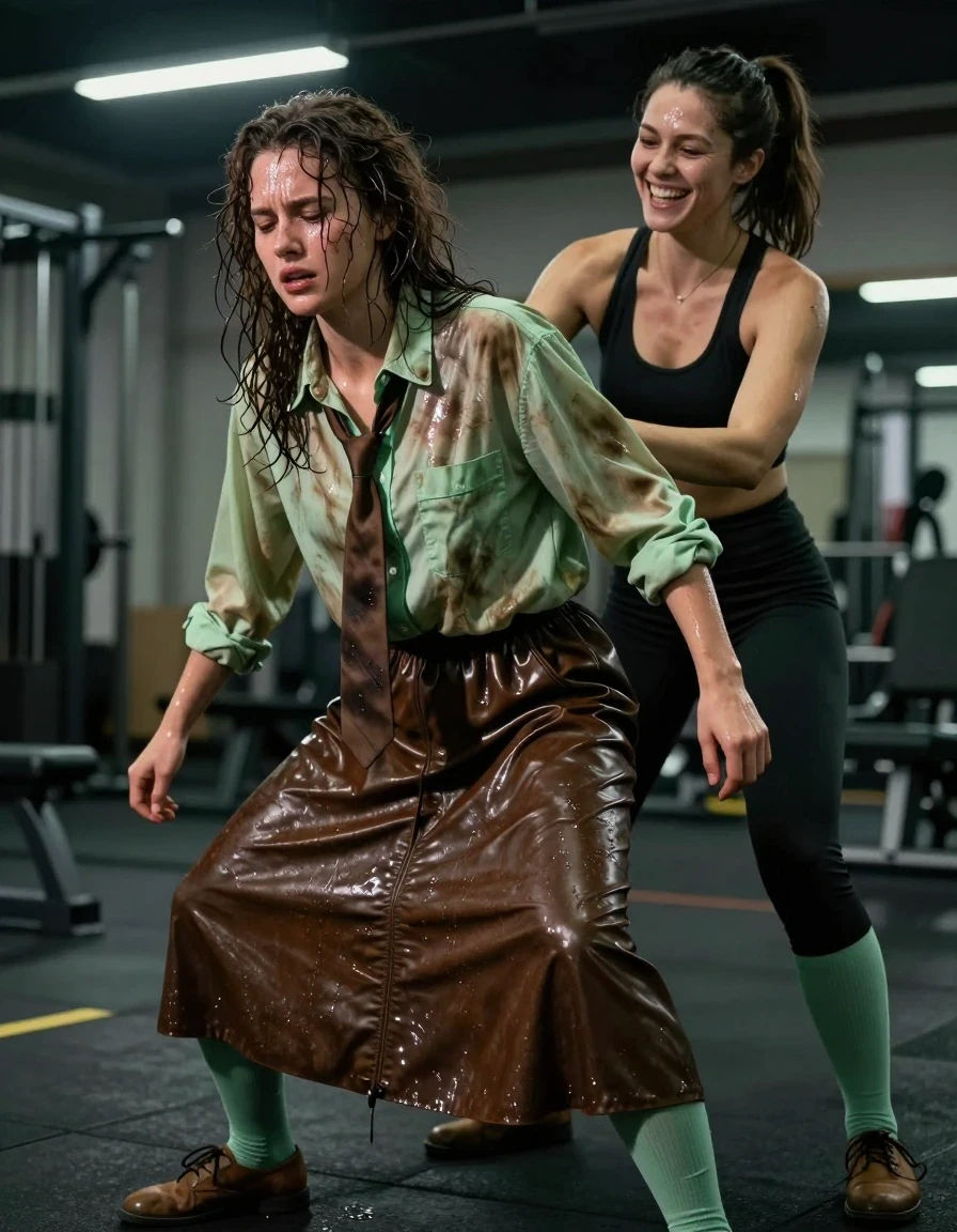 A photorealistic, cinematic shot of a young adult European woman with curly brunette hair, visibly sweaty, dirty, and physically exhausted, training in an empty gym at night. Her skin and hair are glistening with heavy sweat, creating a realistic wet sheen. She is wearing an oversized, perspiration-soaked light green long-sleeved buttoned-down shirt, a brown necktie, a dark brown floor-length leather skirt that is clinging to her legs due to moisture, light green stockings, and brown court shoes. The fabric of her shirt is darkened by sweat, showing heavy wet folds and texture. She looks visibly embarrassed and weak, struggling through her exercise. Standing over her is her dom lesbian trainer lover, who is captured mid-laugh, mocking the submissive trainee's lack of endurance. The gym is dimly lit with harsh overhead fluorescent lighting casting dramatic shadows, emphasizing the sweat and grime on the subject's face and clothes. High-contrast, hyper-detailed, 8k resolution, captured on 35mm lens, sharp focus on expressions and wet skin textures.
