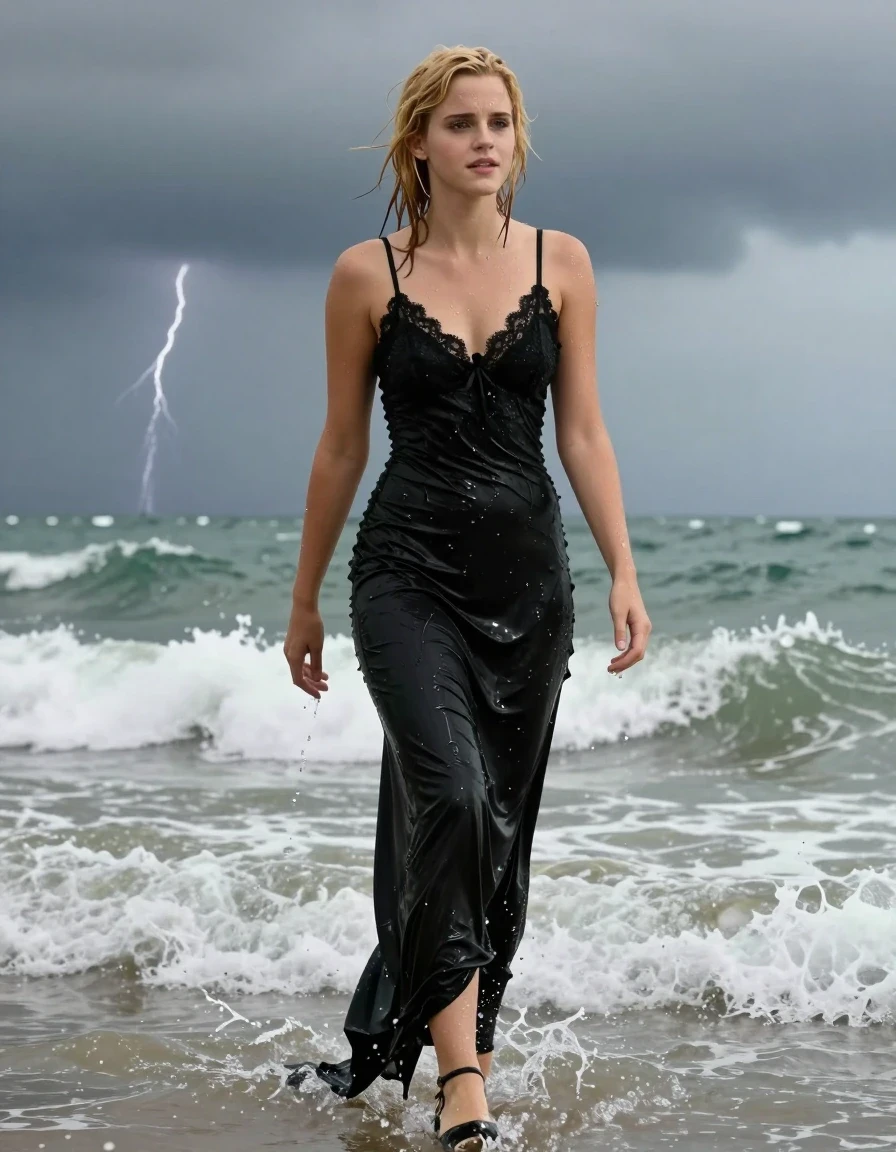 photo of young woman, in soaking wet, drenched clothes,
Black high heels , black gown , Black lace camisole, Wading in surf, thunderstorm , 
enjoying, wet clothes stuck to body,
detailed textures of the wet clothes, wet face, wet plastered hair,
wet, drenched, professional, high-quality details, full body view.
sharp focus, ultra-high pixel detail, realistic, high-quality, full colors, incredibly detailed, 4k, 8k, 16k, hyper-realistic, RAW photo, masterpiece, ultra-detailed, professionally color graded, professional photograph, Blonde, Emma Watson, wet skin, wet clothes, damp fabric