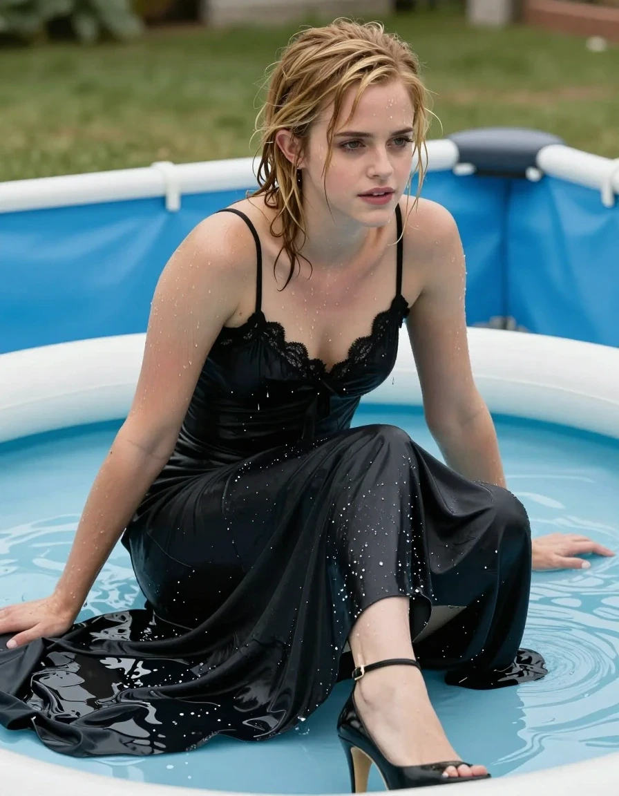 photo of young woman, in soaking wet, drenched clothes,
Black high heels , black gown , Black lace camisole, Paddling pool , 
enjoying, wet clothes stuck to body,
detailed textures of the wet clothes, wet face, wet plastered hair,
wet, drenched, professional, high-quality details, full body view.
sharp focus, ultra-high pixel detail, realistic, high-quality, full colors, incredibly detailed, 4k, 8k, 16k, hyper-realistic, RAW photo, masterpiece, ultra-detailed, professionally color graded, professional photograph, Blonde, Emma Watson, wet skin, wet clothes, damp fabric
