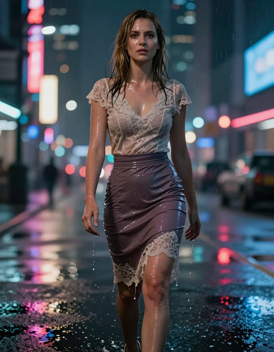 A photorealistic medium shot of Meredith Grey, a young adult European woman with medium-length straight hair, standing in a vibrant cyberpunk city at night. She is wearing a delicate lace sun dress layered over a tight polyester skirt, both garments appearing heavily soaked and damp, with the fabric clinging to her frame, displaying darkened tones, water-saturated textures, and realistic heavy folds. Her skin is glistening with a realistic wet sheen, and her hair appears damp and slicked. She is wearing high heels. The atmosphere is filled with ambient neon glow reflecting off the wet surfaces of her clothing and skin. The image is captured with professional photographic clarity, focusing on realistic fabric weight and texture, avoiding any dripping water effects or unrealistic elements, maintaining a sharp, high-fidelity appearance.
