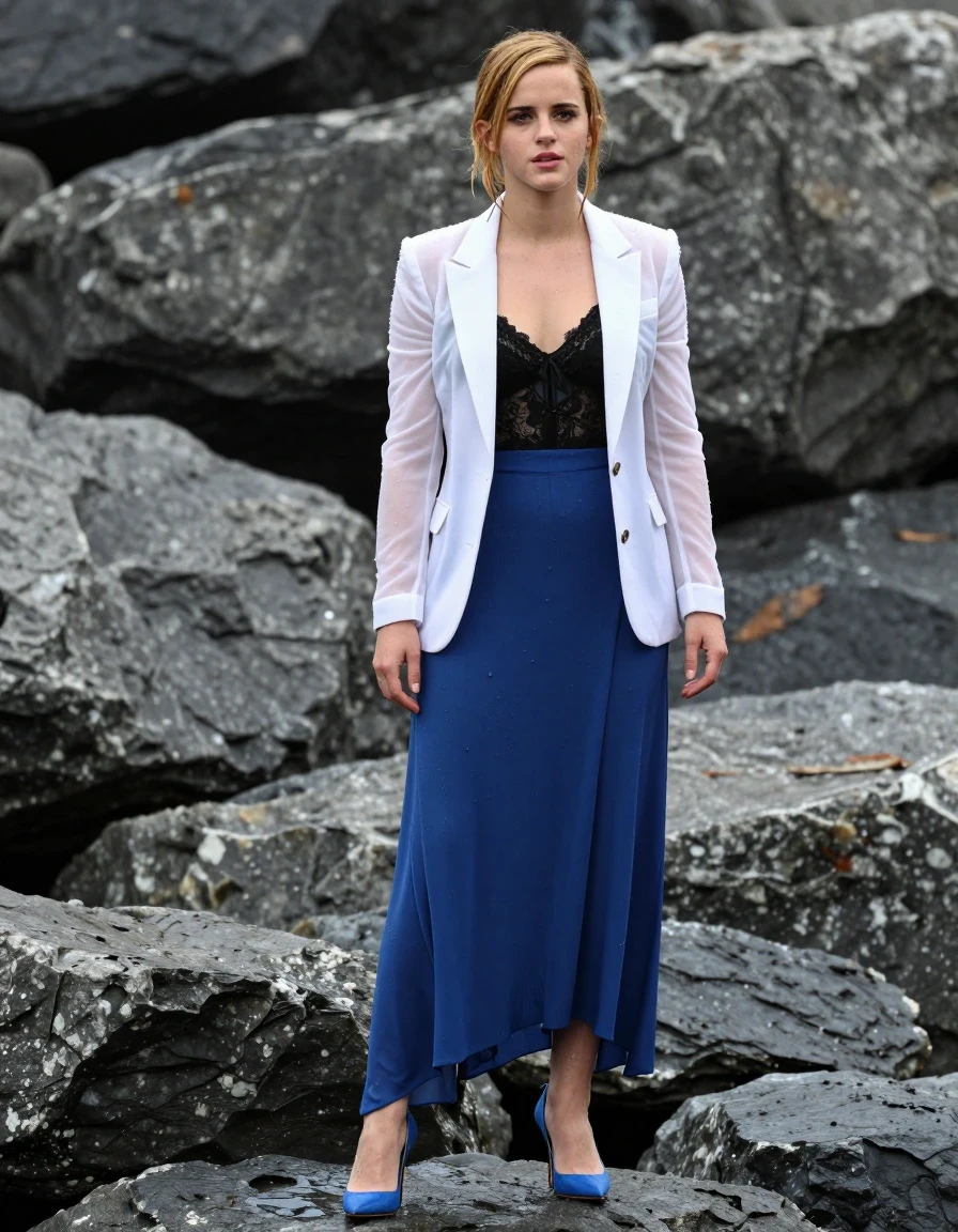 photo of young woman, in soaking wet, drenched clothes,
Blue high heels , blue gown , Black lace camisole, see-through white blazer, Standing on rocks , 
enjoying, wet clothes stuck to body,
detailed textures of the wet clothes, wet face, wet plastered hair,
wet, drenched, professional, high-quality details, full body view.
sharp focus, ultra-high pixel detail, realistic, high-quality, full colors, incredibly detailed, 4k, 8k, 16k, hyper-realistic, RAW photo, masterpiece, ultra-detailed, professionally color graded, professional photograph, Blonde, Emma Watson, wet skin, wet clothes, damp fabric