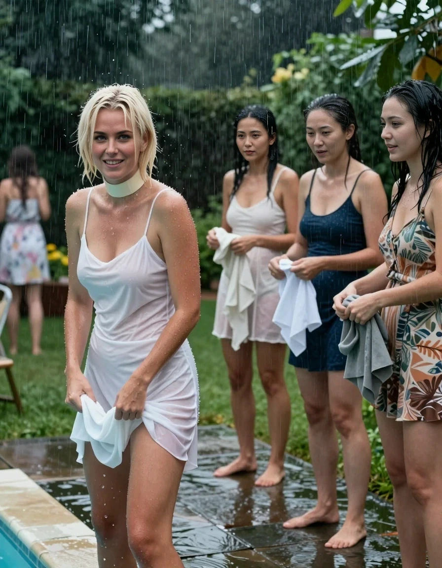 A realistic vertical photograph of four adult women standing on a rain-slicked garden lawn at night, just after climbing out of a swimming pool. On the left is the adult woman with an icy platinum blonde bob with darker roots, her hair fully drenched, slicked back, and plastered to her scalp and neck, wearing a white neckholder summer dress that is completely saturated and clinging to her skin. She is wringing out the hem of her dress with her hands, looking toward the camera with a playful, exhilarated expression. To her right, three other adult women in various summer dresses are also wringing out their soaking wet clothes. The background shows the dimly lit garden party lawn with other drenched guests under the heavy rain. The lighting is low and atmospheric, reflecting off the water and the rain-slicked surfaces. Eye-level shot, 28-year-old adult woman with icy platinum blonde bob on the left.
