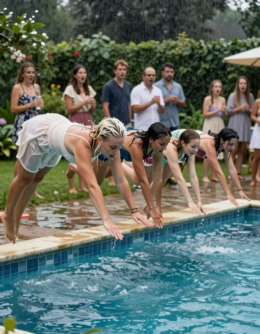 A realistic vertical photograph captured mid-air, a split second before four young adult women dive headfirst into a swimming pool during a heavy rainstorm at a garden party. On the far left is the adult woman with an icy platinum blonde bob with darker roots, her hair fully drenched, slicked back, and plastered to her scalp and neck, wearing a white neckholder summer dress that is soaked through and clinging to her skin. To her right are three other adult women in various summer dresses, all soaking wet with hair plastered to their heads. They are all mid-leap, reaching toward the rippling pool water. The background shows a lush garden lawn with drenched party guests watching in surprise. The lighting is dim, moody evening light reflecting off the rain-slicked surfaces and the water. The camera is at eye level, capturing the motion and intensity of the moment.