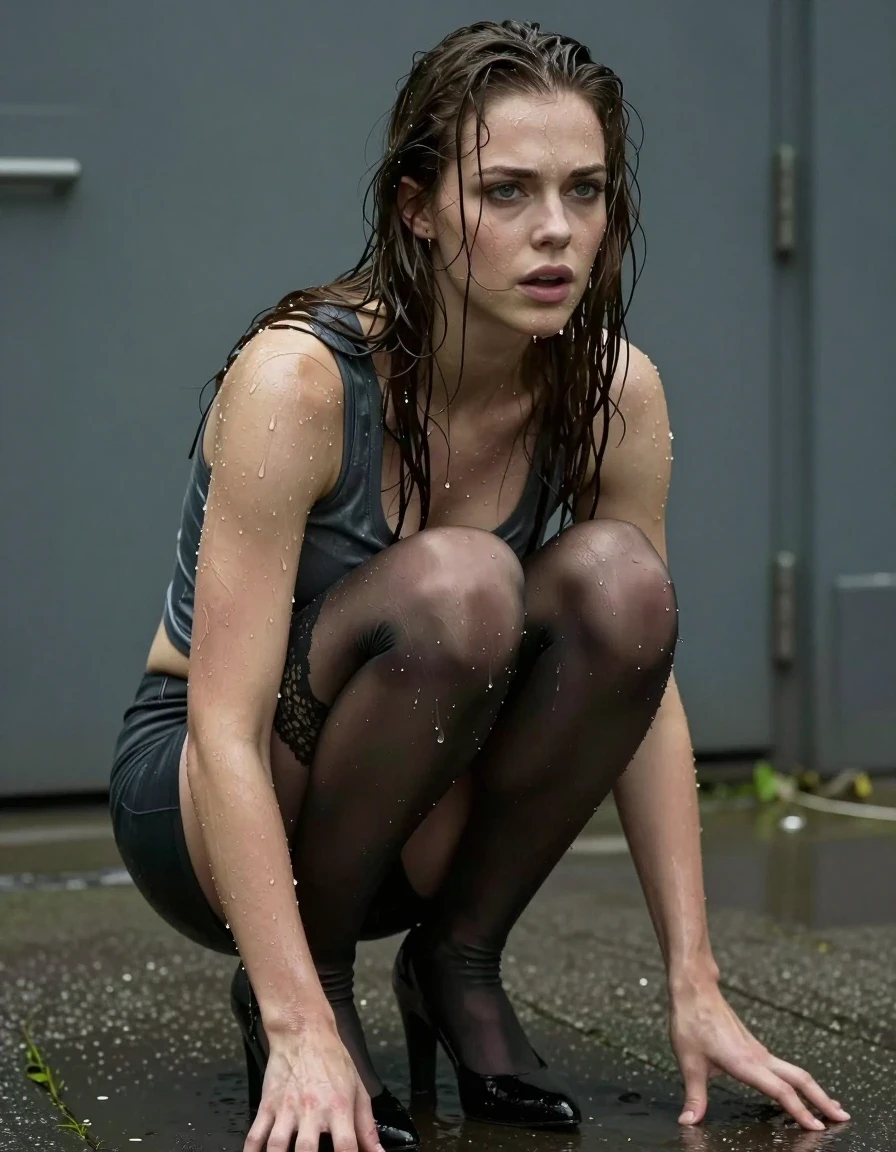 photo of young woman, in soaking wet, drenched clothes,
heels, Tights, Lace , Cyberpunk, 
enjoying, wet clothes stuck to body,
detailed textures of the wet clothes, wet face, wet plastered hair,
wet, drenched, professional, high-quality details, full body view.
sharp focus, ultra-high pixel detail, realistic, high-quality, full colors, incredibly detailed, 4k, 8k, 16k, hyper-realistic, RAW photo, masterpiece, ultra-detailed, professionally color graded, professional photograph, Meredith from Grey's anatomy., wet skin, wet clothes, damp fabric