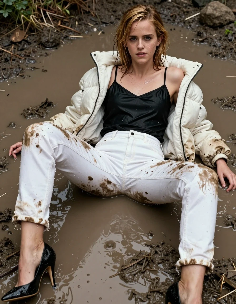 photo of young woman, in soaking wet, drenched clothes,
Black stilettos , Muddy white jeans , Black satin camisole, muddy white puffer jacket , Lying in muddy puddle, legs apart, 
enjoying, wet clothes stuck to body,
detailed textures of the wet clothes, wet face, wet plastered hair,
wet, drenched, professional, high-quality details, full body view.
sharp focus, ultra-high pixel detail, realistic, high-quality, full colors, incredibly detailed, 4k, 8k, 16k, hyper-realistic, RAW photo, masterpiece, ultra-detailed, professionally color graded, professional photograph, Blonde, Emma Watson,, wet skin, wet clothes, damp fabric