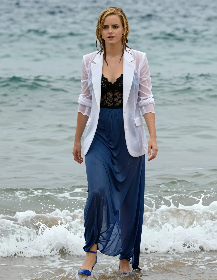 photo of young woman, in soaking wet, drenched clothes,
Blue high heels , blue gown , Black lace camisole, see-through white blazer, Standing by the surf, 
enjoying, wet clothes stuck to body,
detailed textures of the wet clothes, wet face, wet plastered hair,
wet, drenched, professional, high-quality details, full body view.
sharp focus, ultra-high pixel detail, realistic, high-quality, full colors, incredibly detailed, 4k, 8k, 16k, hyper-realistic, RAW photo, masterpiece, ultra-detailed, professionally color graded, professional photograph, Blonde, Emma Watson, wet skin, wet clothes, damp fabric