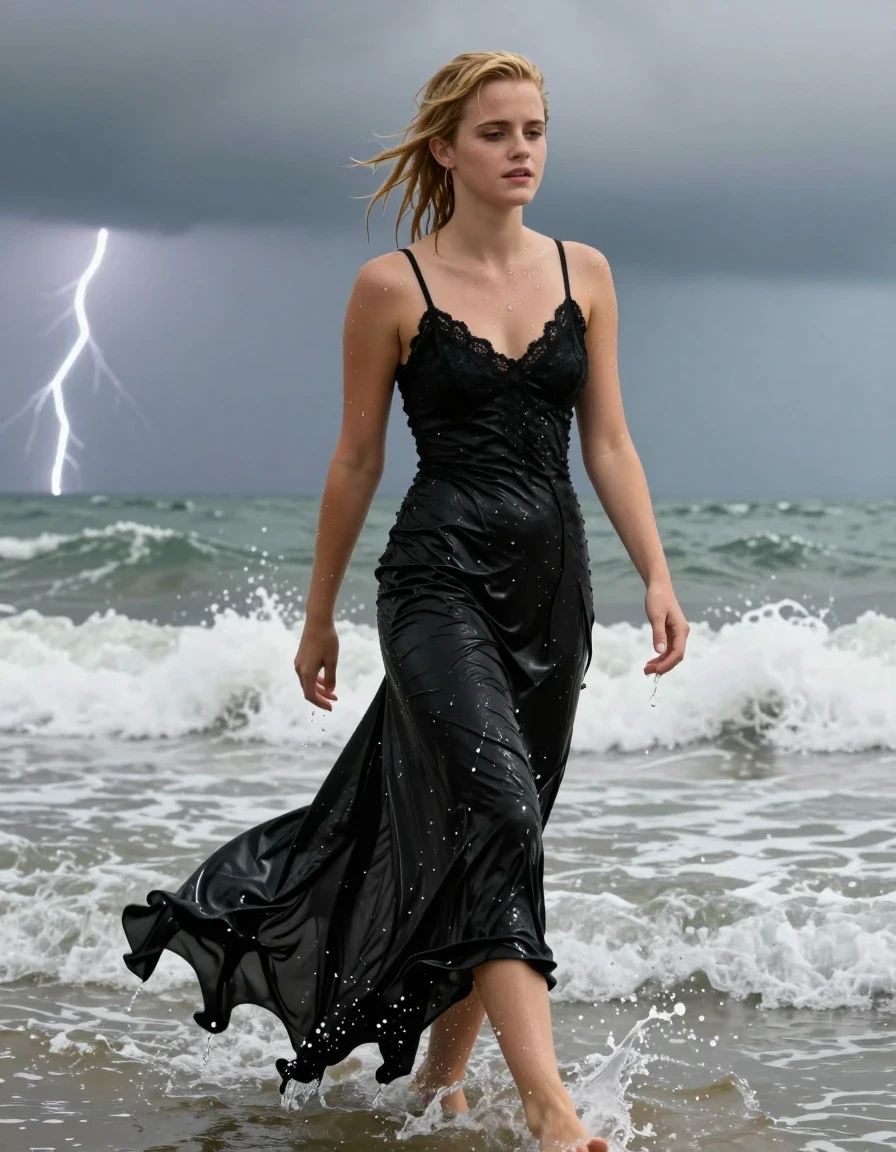 photo of young woman, in soaking wet, drenched clothes,
Black high heels , black gown , Black lace camisole, Wading in surf, thunderstorm , 
enjoying, wet clothes stuck to body,
detailed textures of the wet clothes, wet face, wet plastered hair,
wet, drenched, professional, high-quality details, full body view.
sharp focus, ultra-high pixel detail, realistic, high-quality, full colors, incredibly detailed, 4k, 8k, 16k, hyper-realistic, RAW photo, masterpiece, ultra-detailed, professionally color graded, professional photograph, Blonde, Emma Watson, wet skin, wet clothes, damp fabric