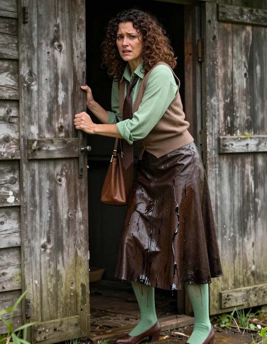 A photorealistic medium shot of a late-30s brunette woman with voluminous curly hair, standing in front of a weathered rustic wooden shack. She is visibly distressed, struggling to open the shack door with her hands. She is wearing an oversized light green long-sleeved shirt layered under a brown cashmere vest, with a brown necktie tucked in, and holding a brown handbag. Her lower half features a floor-length dark brown leather skirt and light green stockings, both of which are visibly soaked and saturated with urine, creating dark, heavy, clinging patches, uneven wet textures, and a distinct glossy sheen where the fabric is saturated. She wears brown court shoes. The scene captures the realistic contrast between her dry upper layers and the heavy, wet, discolored lower garments. High-detail photography, natural outdoor lighting, shallow depth of field, sharp focus on the textures of the leather and stockings, cinematic composition, 8k resolution, highly detailed skin texture.