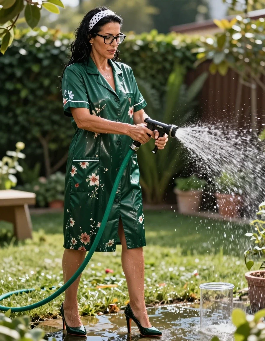 photo of young woman, in soaking wet, drenched clothes,
high-heeled shoes, Maxi shiny dark green floral labcoat with short sleeves, Maxi Shiny dark green floral labcoat with sport sleeves , pouring water with the hose on, in sunny garden, 
enjoying, wet clothes stuck to body,
detailed textures of the wet clothes, wet face, wet plastered hair,
wet, drenched, professional, high-quality details, full body view.
sharp focus, ultra-high pixel detail, realistic, high-quality, full colors, incredibly detailed, 4k, 8k, 16k, hyper-realistic, RAW photo, masterpiece, ultra-detailed, professionally color graded, professional photograph, european brunette skinny woman 50 years old, long dark black hair, white polka-dot headband, office glasses, very big and thick lips, complete body, wet skin, wet clothes, damp fabric, wet skin, wet clothes, damp fabric, wet skin, wet clothes, damp fabric, wet skin, wet clothes, damp fabric, wet skin, wet clothes, damp fabric, wet skin, wet clothes, damp fabric, wet skin, wet clothes, damp fabric, wet skin, wet clothes, damp fabric