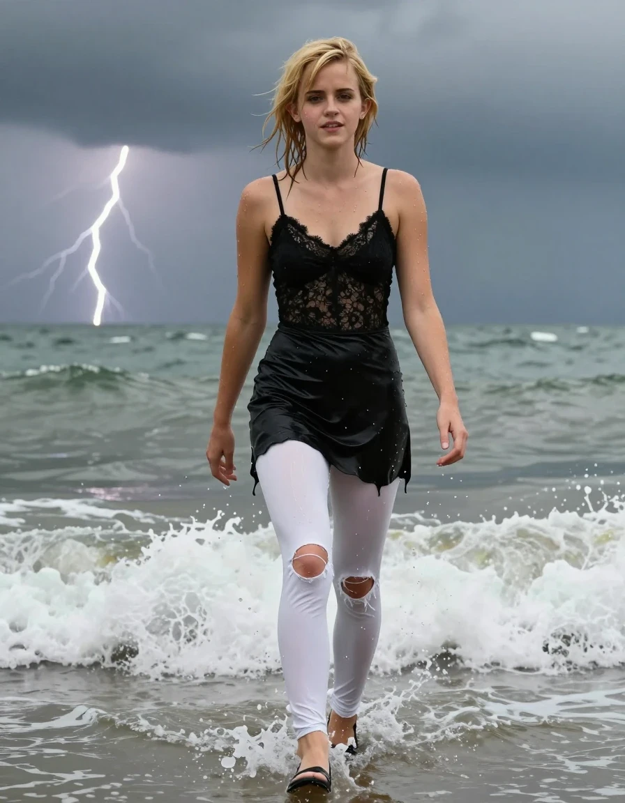 photo of young woman, in soaking wet, drenched clothes,
Black high heels , Torn white leggings , black miniskirt , Black lace camisole, Wading in surf, thunderstorm , 
enjoying, wet clothes stuck to body,
detailed textures of the wet clothes, wet face, wet plastered hair,
wet, drenched, professional, high-quality details, full body view.
sharp focus, ultra-high pixel detail, realistic, high-quality, full colors, incredibly detailed, 4k, 8k, 16k, hyper-realistic, RAW photo, masterpiece, ultra-detailed, professionally color graded, professional photograph, Blonde, Emma Watson, wet skin, wet clothes, damp fabric