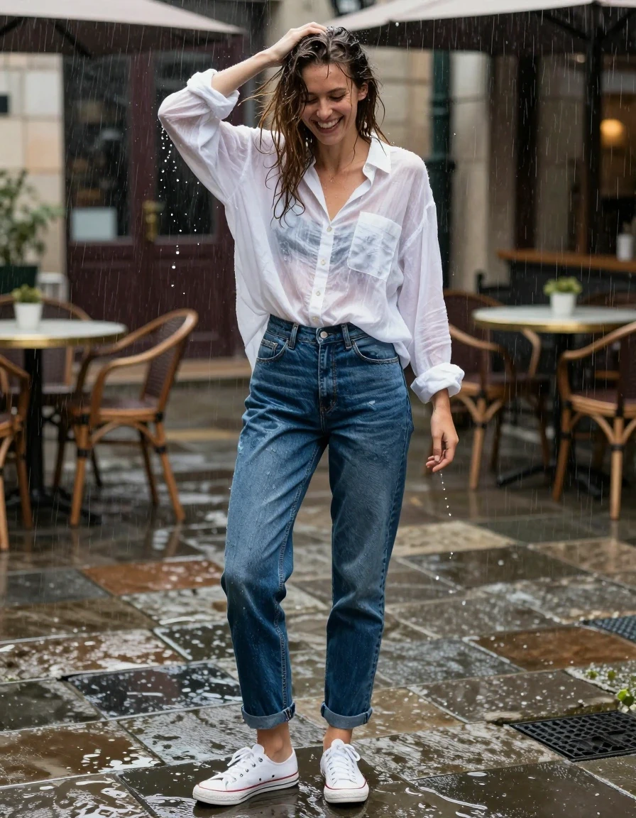 A photorealistic lifestyle waist-up shot of a young adult European woman laughing in a stone-paved apartment courtyard, shaking water droplets from her hair amidst a heavy wind-driven rainstorm. She is wearing a drenched, sheer white oversized linen button-up shirt that clings to her skin, and soaking-wet navy blue denim jeans, water-saturated heavyweight denim, blue changed to deep navy and indigo, substantially darker unevenly soaked patches, absorbed water, heavy wet folds, visible weave and stitching, and strong glossy specular reflections on the raised weave, seams, and creases. Her feet are encased in soaked white canvas sneakers standing in visible water puddles on the stone ground. The background features blurred street cafe tables. The lighting is balanced and bright with rich natural colors, moderate contrast, and softly lifted shadows. The image captures the realistic weight and texture of water-logged fabric, with clear, sharp details throughout. No nudity, no lingerie, no sexual content, no dry elements, no distorted anatomy, no blur, no low resolution, no makeup smears, no cartoons, no paintings, and no artificial lighting.