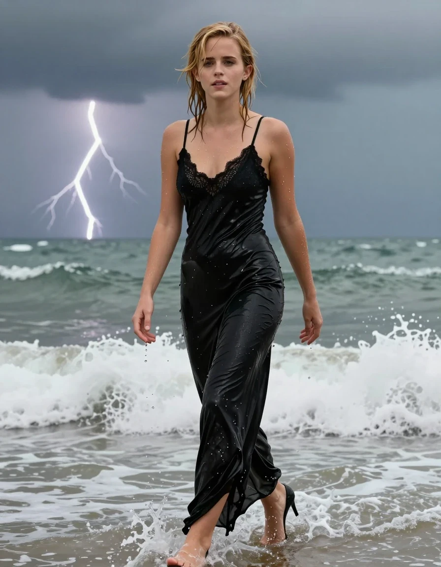 photo of young woman, in soaking wet, drenched clothes,
Black high heels , black gown , Black lace camisole, Wading in surf, thunderstorm , 
enjoying, wet clothes stuck to body,
detailed textures of the wet clothes, wet face, wet plastered hair,
wet, drenched, professional, high-quality details, full body view.
sharp focus, ultra-high pixel detail, realistic, high-quality, full colors, incredibly detailed, 4k, 8k, 16k, hyper-realistic, RAW photo, masterpiece, ultra-detailed, professionally color graded, professional photograph, Blonde, Emma Watson, wet skin, wet clothes, damp fabric, wet skin, wet clothes, damp fabric