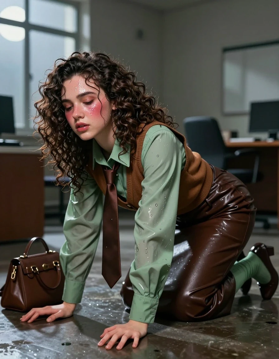 A photorealistic, high-detail cinematic shot of a 19-year-old European intern with voluminous curly brunette hair, her skin and hair glistening with a realistic wet sheen and damp texture. She is crawling on the floor of an empty office at night, caught in a post-orgasmic state with a dazed, flushed expression. She is wearing an oversized light green long-sleeved shirt layered under a brown cashmere vest, with a crisp brown necktie at her collar. Her lower half is clad in a floor-length dark brown leather skirt that clings to her frame, paired with light green stockings and brown court shoes. A brown handbag lies on the floor nearby. The office is dimly lit by moonlight filtering through large windows, casting long shadows. The scene captures the realistic weight and folds of the wet fabrics, with deep, rich textures, sharp photographic focus, shallow depth of field, and high-contrast specular reflections on her damp skin and the leather surface.