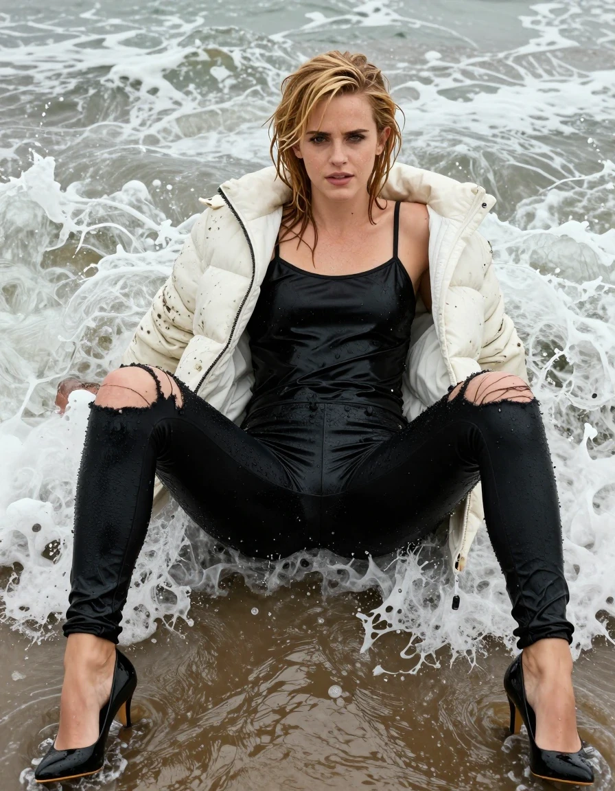 photo of young woman, in soaking wet, drenched clothes,
Black stilettos , Torn black leggings , Black satin camisole, muddy white puffer jacket , Lying in surf, legs apart, 
enjoying, wet clothes stuck to body,
detailed textures of the wet clothes, wet face, wet plastered hair,
wet, drenched, professional, high-quality details, full body view.
sharp focus, ultra-high pixel detail, realistic, high-quality, full colors, incredibly detailed, 4k, 8k, 16k, hyper-realistic, RAW photo, masterpiece, ultra-detailed, professionally color graded, professional photograph, Blonde, Emma Watson,, wet skin, wet clothes, damp fabric