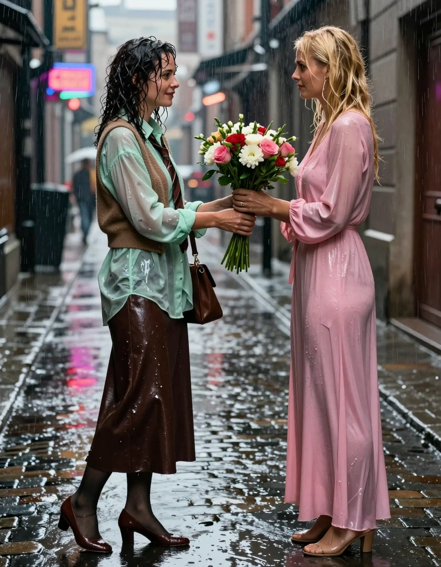 A cinematic, photorealistic scene of a late-30s curly-haired brunette woman and a blonde woman wearing a pink maxi dress in a rain-drenched city alley during a heavy downpour. The brunette is receiving a bouquet of flowers from the blonde. The brunette is wearing an oversized light green long-sleeved shirt layered under a brown cashmere vest, paired with a dark brown floor-length leather skirt and stockings, finished with brown court shoes and carrying a brown handbag with a brown necktie around her collar. Both women are thoroughly soaked by the rain; their hair is matted and dripping, and their skin has a glistening, wet sheen. The dark brown leather skirt is saturated, showing heavy water streaks, clinging to her legs, and reflecting the ambient city lights with a deep, liquid-gloss texture. The light green shirt is translucent and clinging to her body, with darker, water-heavy patches and folds. The blonde woman's pink maxi dress is clinging to her frame, soaked through with heavy, weighted fabric folds. The alley is dark and atmospheric, with rain puddles reflecting neon signage, slick wet cobblestone ground, and heavy rain curtains visible in the air. Shot on 35mm lens, sharp focus on the subjects, high-contrast lighting, hyper-realistic textures, wet-look photography, cinematic depth of field.