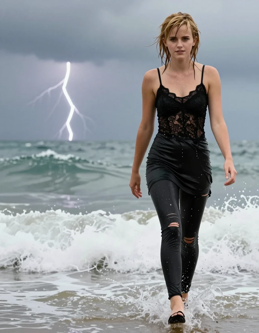 photo of young woman, in soaking wet, drenched clothes,
Black high heels , Torn black leggings , black miniskirt , Black lace camisole, Walking in surf, thunderstorm , 
enjoying, wet clothes stuck to body,
detailed textures of the wet clothes, wet face, wet plastered hair,
wet, drenched, professional, high-quality details, full body view.
sharp focus, ultra-high pixel detail, realistic, high-quality, full colors, incredibly detailed, 4k, 8k, 16k, hyper-realistic, RAW photo, masterpiece, ultra-detailed, professionally color graded, professional photograph, Blonde, Emma Watson, wet skin, wet clothes, damp fabric