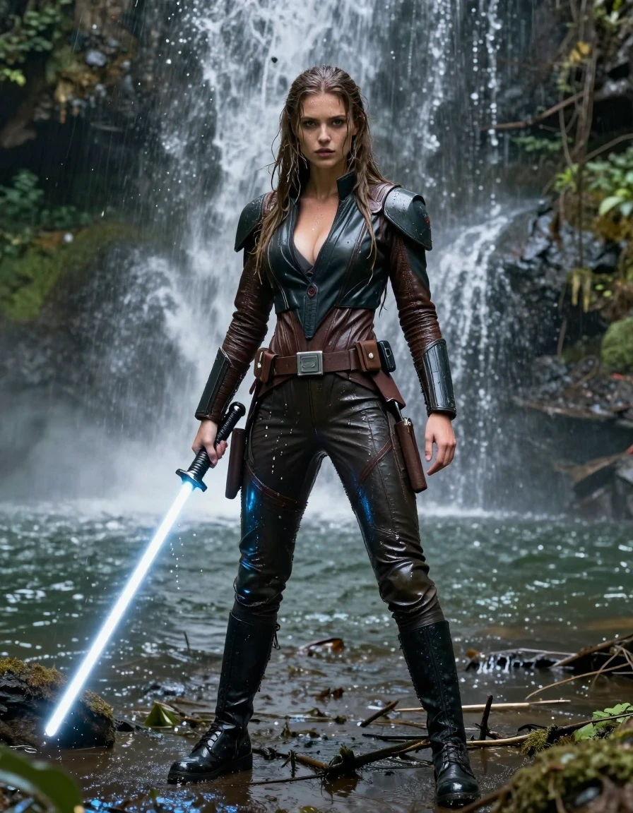 photo of young woman, in soaking wet, drenched clothes,
black combat boots, star wars  dark jedi martial outfit in patent leather and leather,  water fall with a swamp lake, a dark jungle is in the background, Star Wars style, 
enjoying, wet clothes stuck to body,
detailed textures of the wet clothes, wet face, wet plastered hair,
wet, drenched, professional, high-quality details, full body view.
sharp focus, ultra-high pixel detail, realistic, high-quality, full colors, incredibly detailed, 4k, 8k, 16k, hyper-realistic, RAW photo, masterpiece, ultra-detailed, professionally color graded, professional photograph, a young nordic girl with big boobs wears a dark jedi outfit. the girl stands under a waterfall. The cascade of the waterfall falls onto the woman’s hair and body. Where the water strikes her body, it splashes in all directions. the girl is holding a star wars light saber in their hand. she is ready to fight. the clothes are completly drenched and dirty and muddy from the swamp.  wet skin, wet hair, wet clothes, damp fabric, wet skin, wet clothes, damp fabric