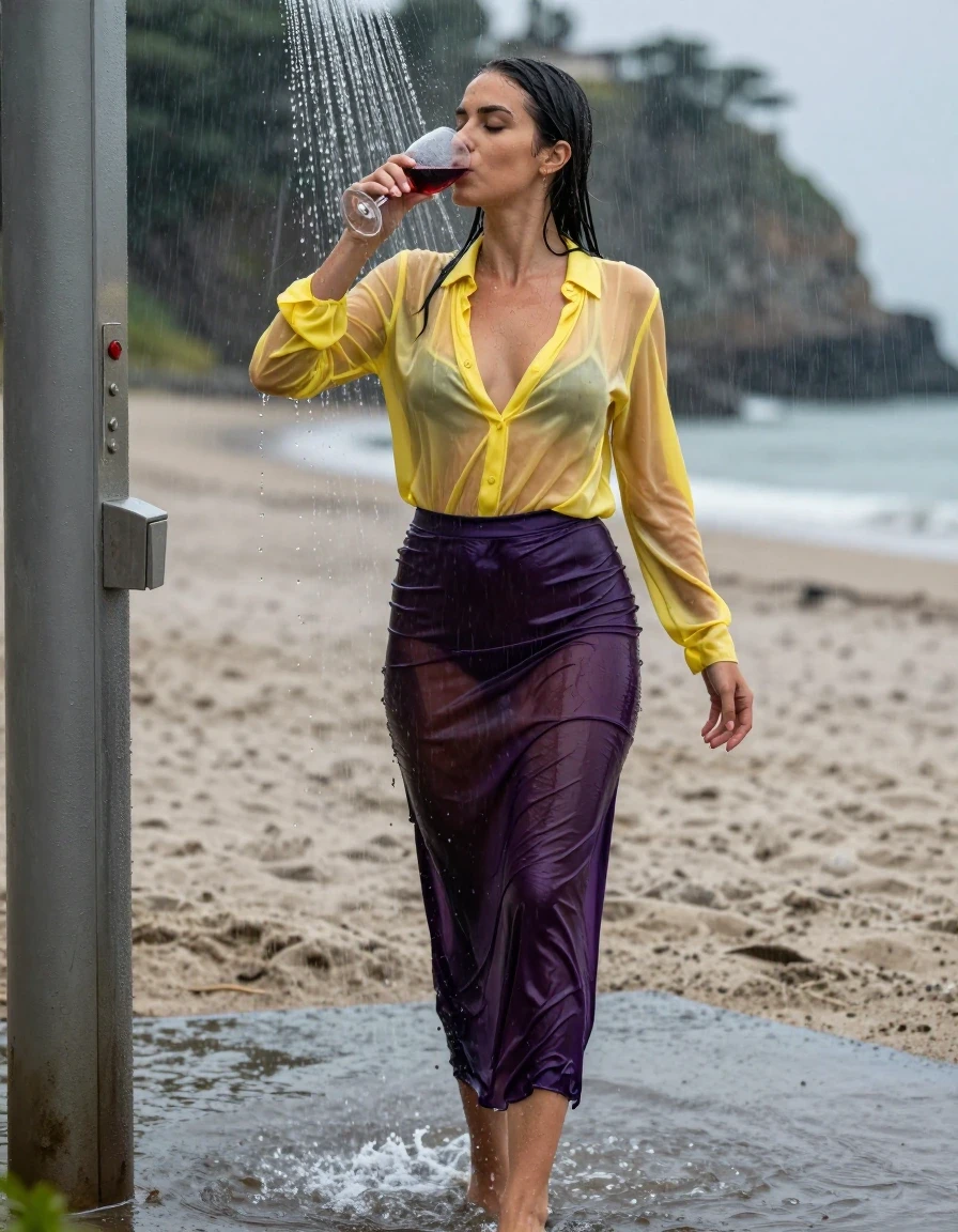 photo of young woman, in soaking wet, drenched clothes,
high-heels, see-through dark purple satin silk slim floor-length skirt, tranparent, dark yellow silk blouse,buttoned, long sleeves, no underwear, stand in the water of a shower at the beach, 
enjoying, wet clothes stuck to body,
detailed textures of the wet clothes, wet face, wet plastered hair,
wet, drenched, professional, high-quality details, full body view.
sharp focus, ultra-high pixel detail, realistic, high-quality, full colors, incredibly detailed, 4k, 8k, 16k, hyper-realistic, RAW photo, masterpiece, ultra-detailed, professionally color graded, professional photograph, heavy rain, completely soaked, drenched, dripping wet, visible breasts, drinking a glass of red wine, wet skin, wet clothes, damp fabric, wet skin, wet clothes, damp fabric, wet skin, wet clothes, damp fabric