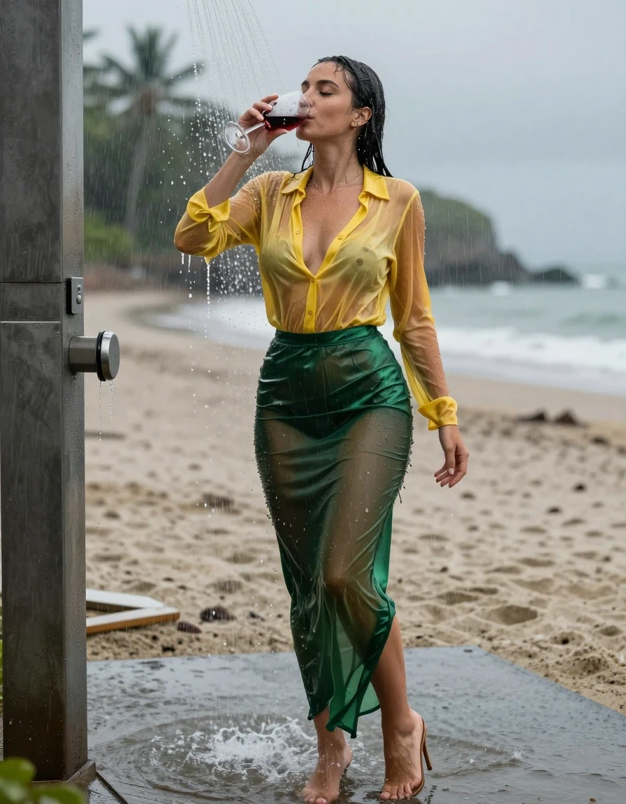 photo of young woman, in soaking wet, drenched clothes,
high-heels, see-through green satin silk slim floor-length skirt, tranparent, dark yellow silk blouse, no underwear, stand in the water of a shower at the beach, 
enjoying, wet clothes stuck to body,
detailed textures of the wet clothes, wet face, wet plastered hair,
wet, drenched, professional, high-quality details, full body view.
sharp focus, ultra-high pixel detail, realistic, high-quality, full colors, incredibly detailed, 4k, 8k, 16k, hyper-realistic, RAW photo, masterpiece, ultra-detailed, professionally color graded, professional photograph, heavy rain, completely soaked, drenched, dripping wet, visible breasts, drinking a glass of red wine, wet skin, wet clothes, damp fabric, wet skin, wet clothes, damp fabric, wet skin, wet clothes, damp fabric