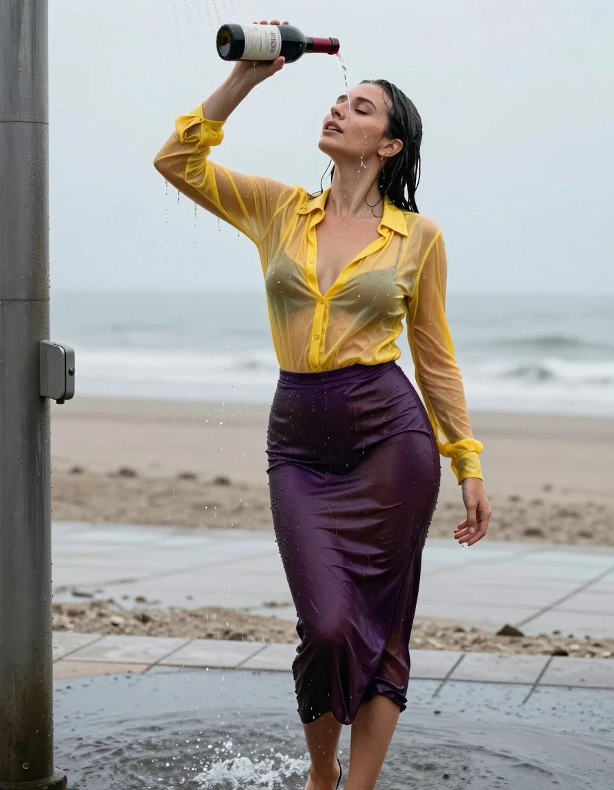 photo of young woman, in soaking wet, drenched clothes,
high-heels, see-through dark purple satin silk slim floor-length skirt, tranparent, dark yellow silk blouse,buttoned, long sleeves, no underwear, stand in the water of a shower at the beach, 
enjoying, wet clothes stuck to body,
detailed textures of the wet clothes, wet face, wet plastered hair,
wet, drenched, professional, high-quality details, full body view.
sharp focus, ultra-high pixel detail, realistic, high-quality, full colors, incredibly detailed, 4k, 8k, 16k, hyper-realistic, RAW photo, masterpiece, ultra-detailed, professionally color graded, professional photograph, heavy rain, completely soaked, drenched, dripping wet, visible breasts, she pours a bottle of red wine over her head, wet skin, wet clothes, damp fabric, wet skin, wet clothes, damp fabric, wet skin, wet clothes, damp fabric