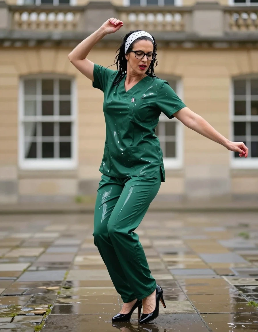 photo of young woman, in soaking wet, drenched clothes,
high-heeled shoes , shiny green scrubs, Shiny green scrubs ,  Dancing in Walter after Bath , 
enjoying, wet clothes stuck to body,
detailed textures of the wet clothes, wet face, wet plastered hair,
wet, drenched, professional, high-quality details, full body view.
sharp focus, ultra-high pixel detail, realistic, high-quality, full colors, incredibly detailed, 4k, 8k, 16k, hyper-realistic, RAW photo, masterpiece, ultra-detailed, professionally color graded, professional photograph, european brunette skinny woman 50 years old, long dark black hair, office glasses, white polka-dot headband, very big and thick lips, complete body, wet skin, wet clothes, damp fabric, wet skin, wet clothes, damp fabric, wet skin, wet clothes, damp fabric, wet skin, wet clothes, damp fabric, wet skin, wet clothes, damp fabric, wet skin, wet clothes, damp fabric, wet skin, wet clothes, damp fabric, wet skin, wet clothes, damp fabric, wet skin, wet clothes, damp fabric