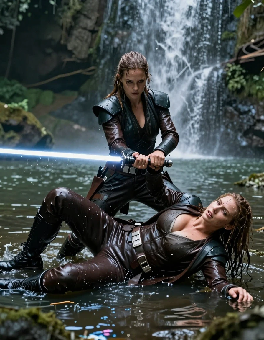 photo of young woman, in soaking wet, drenched clothes,
black combat boots, star wars  dark jedi martial outfit in patent leather and leather,  water fall with a swamp lake, a dark jungle is in the background, Star Wars style, 
enjoying, wet clothes stuck to body,
detailed textures of the wet clothes, wet face, wet plastered hair,
wet, drenched, professional, high-quality details, full body view.
sharp focus, ultra-high pixel detail, realistic, high-quality, full colors, incredibly detailed, 4k, 8k, 16k, hyper-realistic, RAW photo, masterpiece, ultra-detailed, professionally color graded, professional photograph, a young nordic girl with big boobs wears a dark jedi outfit. The woman is fighting another female Jedi. She is pushed by the other woman and falls backward into the swamp lake. Show the moment when she is lying in the water, having fallen backward. the girls are holding a star wars light saber in their hand. the clothes are completly drenched and dirty and muddy from the swamp. dirty water drops from their hair and dirty drenched clothes.  wet skin, wet hair, wet clothes, damp fabric, wet skin, wet clothes, damp fabric