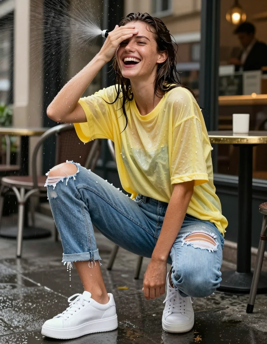 photo of young woman, in soaking wet, drenched clothes,
white leather platform sneakers with water puddles splashing, distressed light wash blue denim jeans clinging to skin, oversized lemon yellow cotton t-shirt soaked and translucent, outdoor sidewalk cafe frontage with metal bistro tables, 
enjoying, wet clothes stuck to body,
detailed textures of the wet clothes, wet face, wet plastered hair,
wet, drenched, professional, high-quality details, full body view.
sharp focus, ultra-high pixel detail, realistic, high-quality, full colors, incredibly detailed, 4k, 8k, 16k, hyper-realistic, RAW photo, masterpiece, ultra-detailed, professionally color graded, professional photograph, woman laughing while shielding her face from a broken overhead sprinkler, water droplets spraying through air, fabric textures highly detailed, candid paparazzi style shot, full body frame, 35mm lens, high-resolution lifestyle photography, bright natural sunlight, realistic wet skin and hair, sharp focus on subject., wet skin, wet clothes, damp fabric