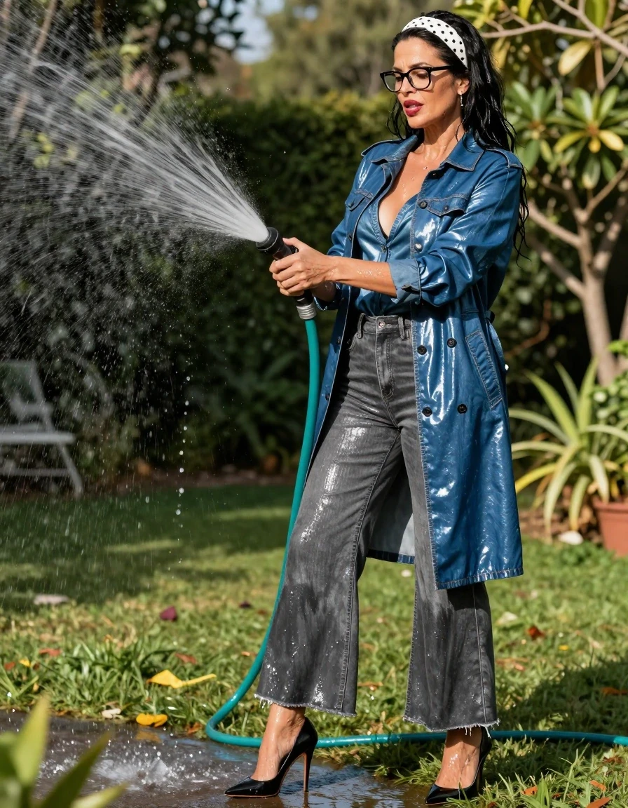 photo of young woman, in soaking wet, drenched clothes,
high-heeled shoes , maxi shiny gray flared  denim skirt , shiny nylon denim shirt with long sleeves, maxi shiny blue denim trenchcoat, pouring water with the hose on, in sunny garden, 
enjoying, wet clothes stuck to body,
detailed textures of the wet clothes, wet face, wet plastered hair,
wet, drenched, professional, high-quality details, full body view.
sharp focus, ultra-high pixel detail, realistic, high-quality, full colors, incredibly detailed, 4k, 8k, 16k, hyper-realistic, RAW photo, masterpiece, ultra-detailed, professionally color graded, professional photograph, european brunette skinny woman 50 years old, long dark black hair, white polka-dot headband, office glasses, very big and thick lips, complete body, wet skin, wet clothes, damp fabric, wet skin, wet clothes, damp fabric, wet skin, wet clothes, damp fabric, wet skin, wet clothes, damp fabric, wet skin, wet clothes, damp fabric, wet skin, wet clothes, damp fabric, wet skin, wet clothes, damp fabric, wet skin, wet clothes, damp fabric, wet skin, wet clothes, damp fabric