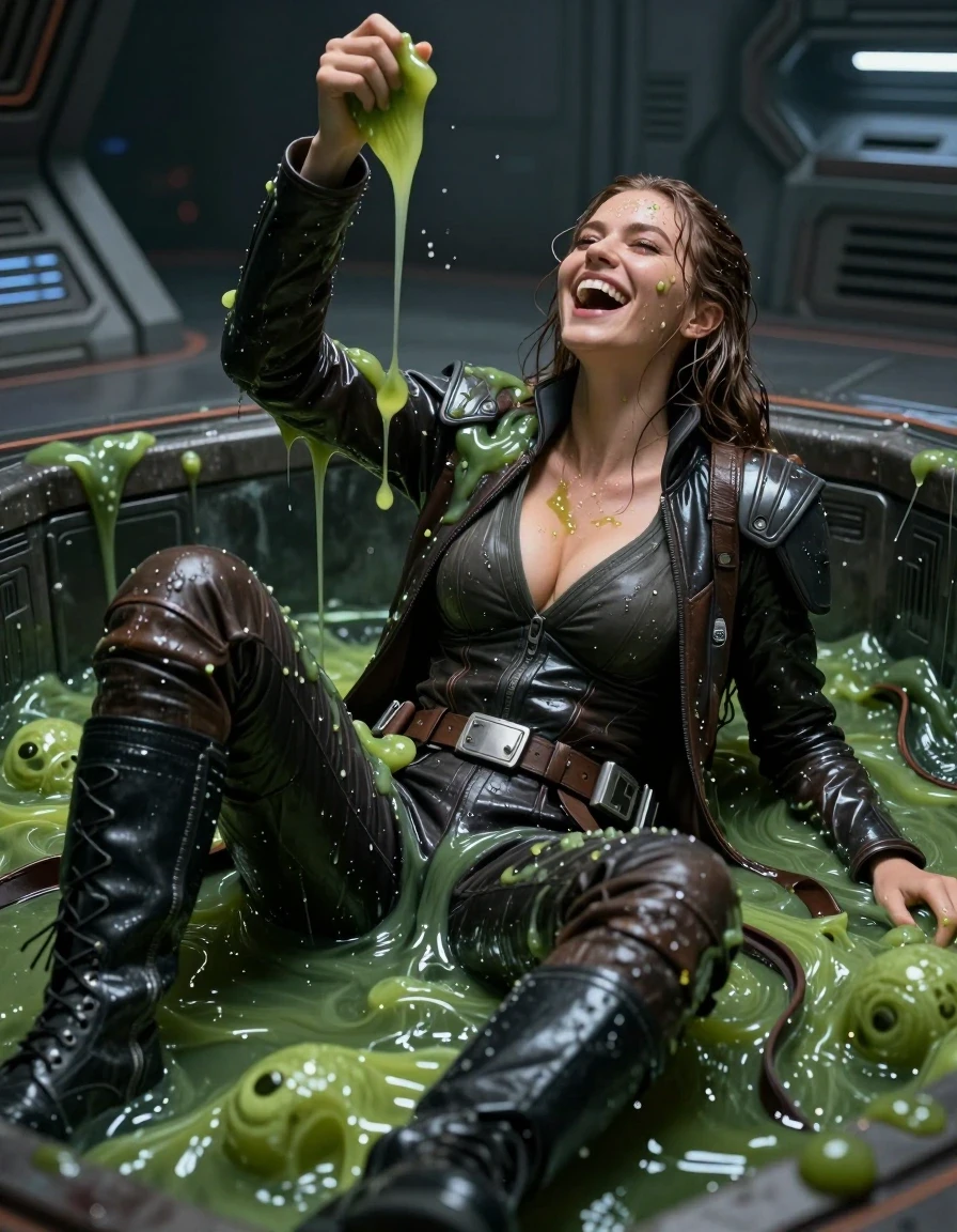 photo of young woman, in soaking wet, drenched clothes,
black combat boots, star wars  dark jedi martial outfit in patent leather and leather, a pool filled with disgusting alien slime on a gloomy star wars style space station, 
enjoying, wet clothes stuck to body,
detailed textures of the wet clothes, wet face, wet plastered hair,
wet, drenched, professional, high-quality details, full body view.
sharp focus, ultra-high pixel detail, realistic, high-quality, full colors, incredibly detailed, 4k, 8k, 16k, hyper-realistic, RAW photo, masterpiece, ultra-detailed, professionally color graded, professional photograph, on the picture is a young nordic girl with big boobs wears a dark jedi outfit. The woman is lying on her back in a pool of slime. She laughs heartily. create a pov photo. tre girl throws slime on you. Her clothing and hair are smeared with alien slime. the clothes are completly drenched and slimy from the slimepool. She looks up. Green slime drops from the ceiling onto her face and into her cleavage. slimy skin, slimy hair, wet clothes, damp fabric,, wet skin, wet clothes, damp fabric