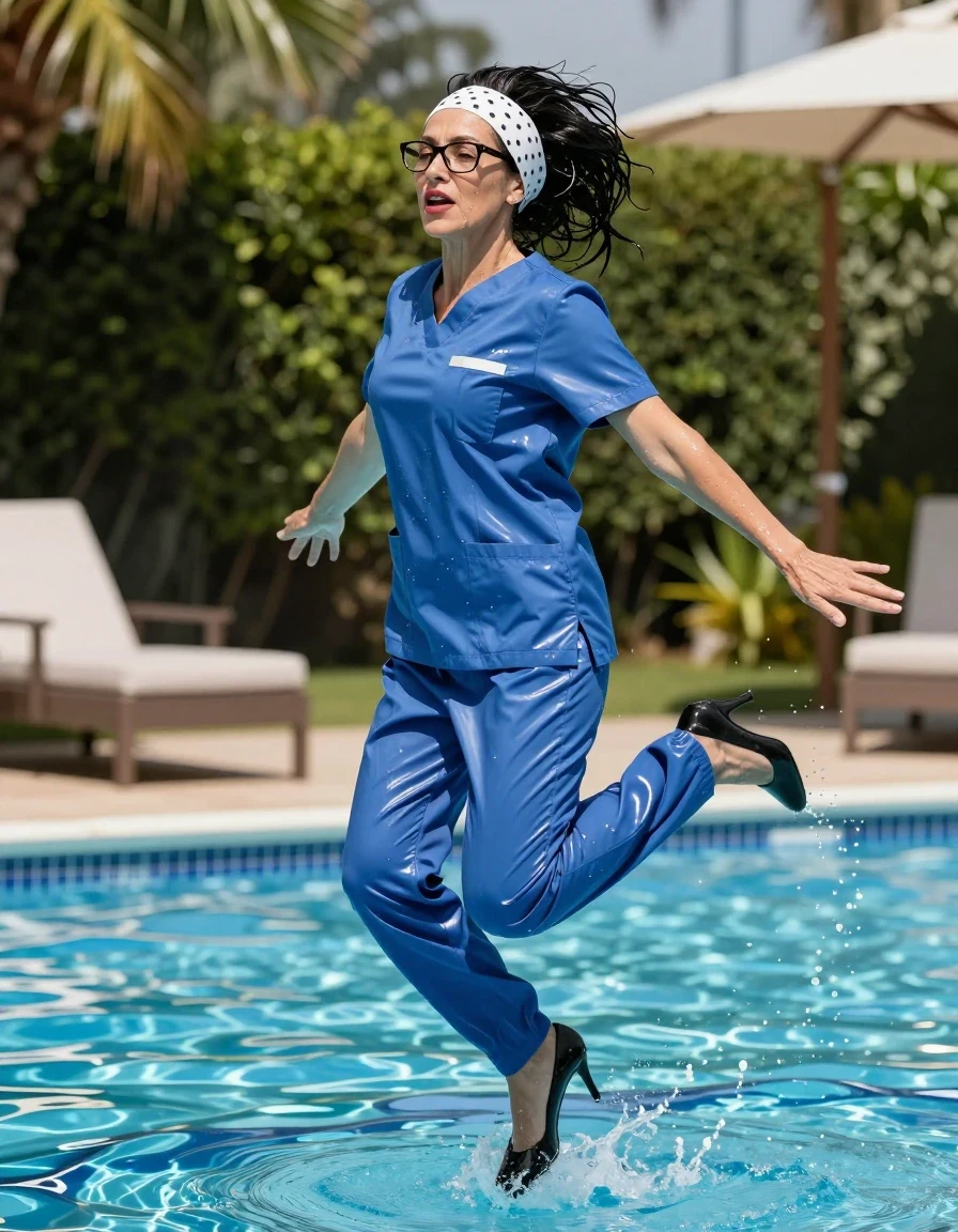 photo of young woman, in soaking wet, drenched clothes,
high-heeled shoes , shiny blue scribs, Shiny blue scrubs , Jumping in Sunny swimming pool , 
enjoying, wet clothes stuck to body,
detailed textures of the wet clothes, wet face, wet plastered hair,
wet, drenched, professional, high-quality details, full body view.
sharp focus, ultra-high pixel detail, realistic, high-quality, full colors, incredibly detailed, 4k, 8k, 16k, hyper-realistic, RAW photo, masterpiece, ultra-detailed, professionally color graded, professional photograph, european brunette skinny woman 50 years old, long dark black hair, office glasses, white polka-dot headband, very big and thick lips, complete body, wet skin, wet clothes, damp fabric, wet skin, wet clothes, damp fabric, wet skin, wet clothes, damp fabric, wet skin, wet clothes, damp fabric, wet skin, wet clothes, damp fabric, wet skin, wet clothes, damp fabric, wet skin, wet clothes, damp fabric, wet skin, wet clothes, damp fabric, wet skin, wet clothes, damp fabric