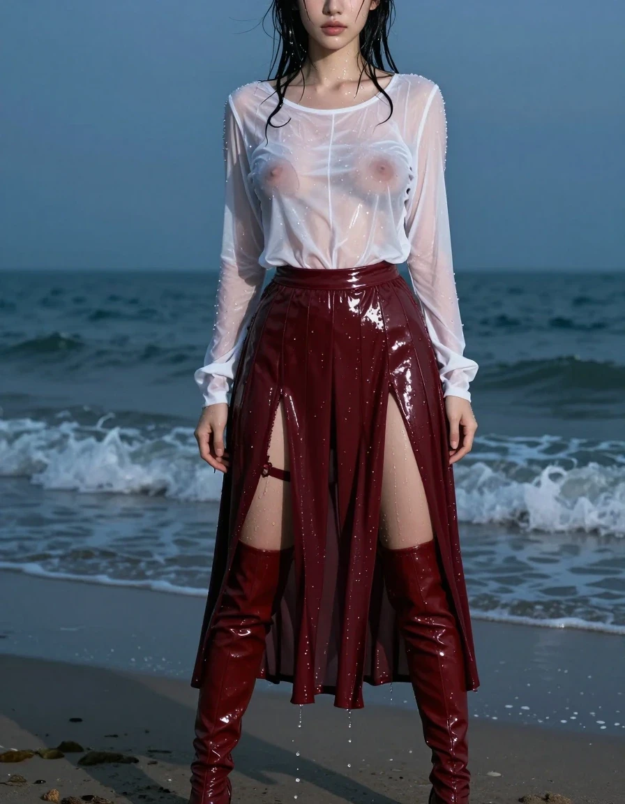 A hyper-realistic full-body shot of a young adult European woman standing on a wet beach at twilight, her skin and hair drenched with glistening seawater. She is wearing a thin, white blouse that is completely see-through and translucent when soaked, clinging tightly to her body and clearly revealing her nipples and breasts underneath. She wears a dark red long pleated skirt that is heavy with water, clinging to her legs and dripping, paired with a visible garter belt and sheer stockings. She is wearing high heel thigh-high boots that have a wet, slick sheen. The subject is completely nude underneath her clothing, with no underwear present. The scene is captured with sharp focus, emphasizing the texture of the soaked, dark red fabric and the translucent, wet white blouse. Cinematic lighting highlights the water droplets on her skin and the deep, saturated tones of her wet garments against the backdrop of the ocean shore. High-resolution photography, 8k, photorealistic, intricate wet textures, clinging fabric, no undergarments, no underwear.