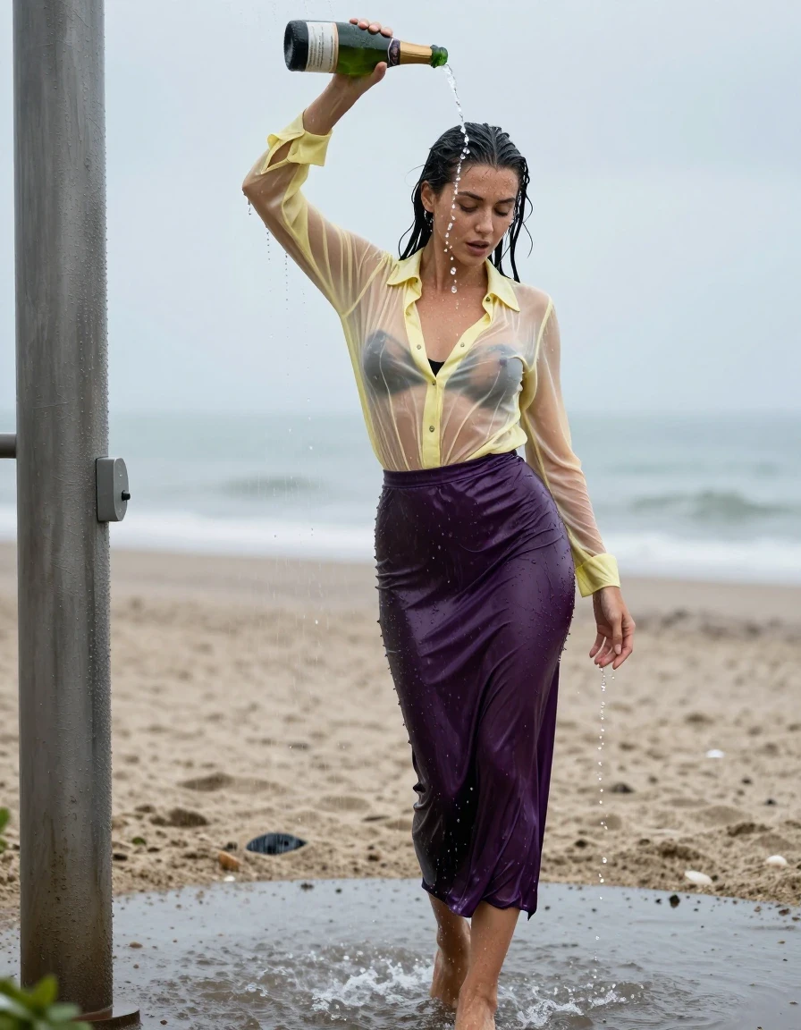 photo of young woman, in soaking wet, drenched clothes,
high-heels, see-through dark purple satin silk slim floor-length skirt, tranparent, dark yellow silk blouse,buttoned, long sleeves, no underwear, stand in the water of a shower at the beach, 
enjoying, wet clothes stuck to body,
detailed textures of the wet clothes, wet face, wet plastered hair,
wet, drenched, professional, high-quality details, full body view.
sharp focus, ultra-high pixel detail, realistic, high-quality, full colors, incredibly detailed, 4k, 8k, 16k, hyper-realistic, RAW photo, masterpiece, ultra-detailed, professionally color graded, professional photograph, heavy rain, completely soaked, drenched, dripping wet, visible breasts, she pours a bottle of champagne over her head, wet skin, wet clothes, damp fabric, wet skin, wet clothes, damp fabric, wet skin, wet clothes, damp fabric