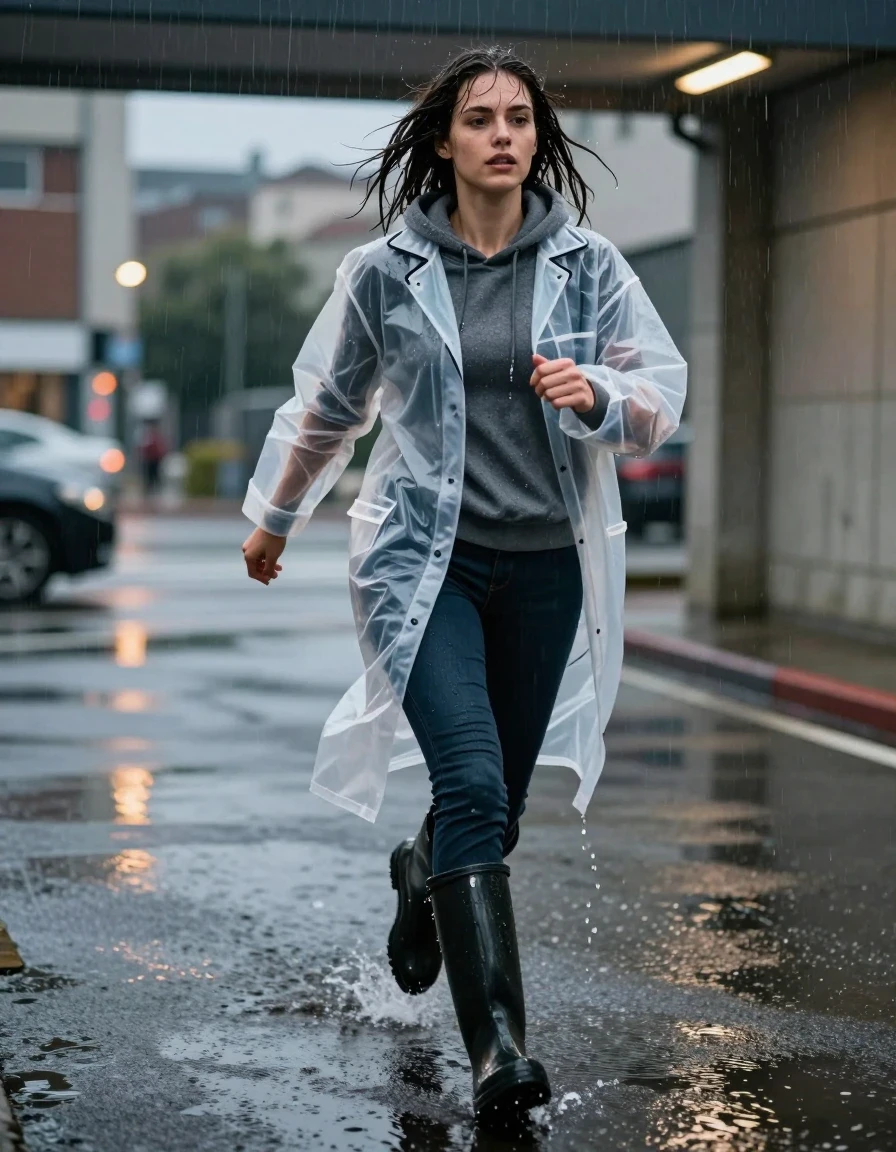 photo of young woman, in soaking wet, drenched clothes,
black rubber knee-high rain boots, fitted dark navy skinny jeans drenched in heavy rain, oversized translucent clear vinyl raincoat over a charcoal grey cotton hoodie, concrete parking garage entrance during an evening downpour, 
enjoying, wet clothes stuck to body,
detailed textures of the wet clothes, wet face, wet plastered hair,
wet, drenched, professional, high-quality details, full body view.
sharp focus, ultra-high pixel detail, realistic, high-quality, full colors, incredibly detailed, 4k, 8k, 16k, hyper-realistic, RAW photo, masterpiece, ultra-detailed, professionally color graded, professional photograph, a woman running toward shelter with hair plastered to her face, water droplets spraying as she steps into a shallow puddle, hyper-realistic fabric textures, vivid city lights reflecting on wet pavement, cinematic medium-shot, sharp focus, 85mm lens, natural evening ambient lighting, high-quality street photography., wet skin, wet clothes, damp fabric