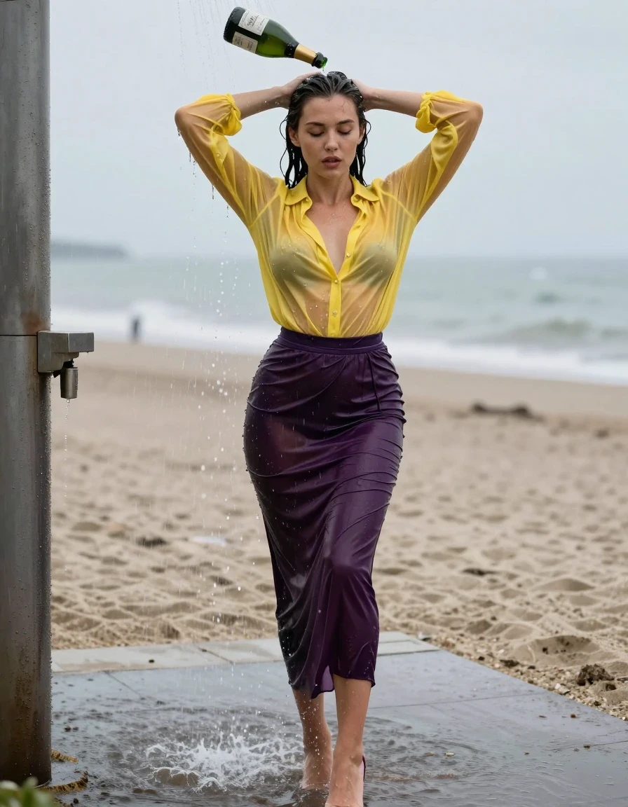 photo of young woman, in soaking wet, drenched clothes,
high-heels, see-through dark purple satin silk slim floor-length skirt, tranparent, dark yellow silk blouse,buttoned, long sleeves, no underwear, stand in the water of a shower at the beach, 
enjoying, wet clothes stuck to body,
detailed textures of the wet clothes, wet face, wet plastered hair,
wet, drenched, professional, high-quality details, full body view.
sharp focus, ultra-high pixel detail, realistic, high-quality, full colors, incredibly detailed, 4k, 8k, 16k, hyper-realistic, RAW photo, masterpiece, ultra-detailed, professionally color graded, professional photograph, heavy rain, completely soaked, drenched, dripping wet, visible breasts, pour a bottle of champagne over her head, wet skin, wet clothes, damp fabric, wet skin, wet clothes, damp fabric, wet skin, wet clothes, damp fabric
