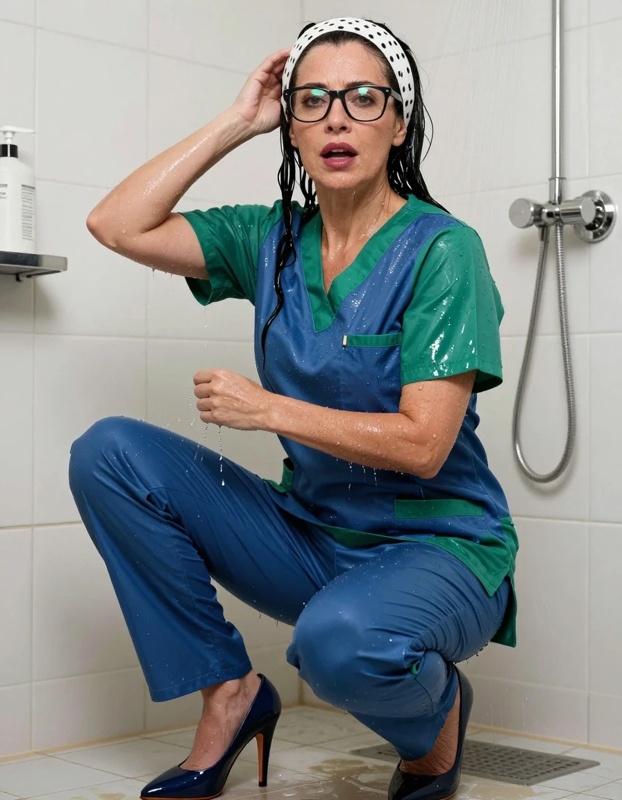 photo of young woman, in soaking wet, drenched clothes,
high-heeled shoes , shiny blue scrubs, Shiny green scrubs , Shower after Bath , 
enjoying, wet clothes stuck to body,
detailed textures of the wet clothes, wet face, wet plastered hair,
wet, drenched, professional, high-quality details, full body view.
sharp focus, ultra-high pixel detail, realistic, high-quality, full colors, incredibly detailed, 4k, 8k, 16k, hyper-realistic, RAW photo, masterpiece, ultra-detailed, professionally color graded, professional photograph, european brunette skinny woman 50 years old, long dark black hair, office glasses, white polka-dot headband, very big and thick lips, complete body, wet skin, wet clothes, damp fabric, wet skin, wet clothes, damp fabric, wet skin, wet clothes, damp fabric, wet skin, wet clothes, damp fabric, wet skin, wet clothes, damp fabric, wet skin, wet clothes, damp fabric, wet skin, wet clothes, damp fabric, wet skin, wet clothes, damp fabric, wet skin, wet clothes, damp fabric