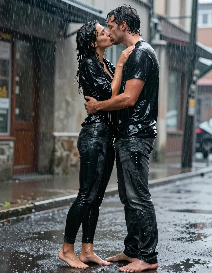A photorealistic medium shot of a young adult European woman and a man standing on an urban street, embracing and kissing passionately under a dripping rain gutter during a torrential downpour. The woman is barefoot on the wet pavement. She wears a soaking-wet black cotton shirt, clinging to her skin with heavy folds and high-sheen water saturation. She wears soaking-wet black denim jeans, water-saturated heavyweight denim, black changed to deep charcoal and obsidian, substantially darker unevenly soaked patches, absorbed water, heavy wet folds, visible weave and stitching, and strong glossy specular reflections on the raised weave, seams, and creases. The man is also drenched, his clothes clinging to his frame. Rain pours heavily around them, creating a mist and glossy reflections on the ground. The scene captures authentic human emotion with perfect anatomy, realistic skin textures, symmetrical eyes, and well-defined facial features. High-resolution cinematic lighting, 8k, sharp focus, professional photography, realistic wetness, water droplets running down skin, soaked hair.