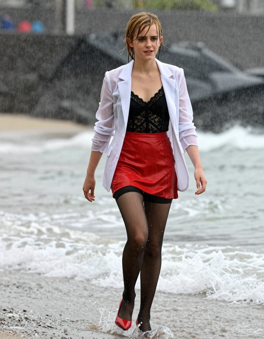 photo of young woman, in soaking wet, drenched clothes,
Red high heels , black stockings, red miniskirt, black panties , Black lace camisole, see-through white blazer, Walking in the surf, heavy rain , 
enjoying, wet clothes stuck to body,
detailed textures of the wet clothes, wet face, wet plastered hair,
wet, drenched, professional, high-quality details, full body view.
sharp focus, ultra-high pixel detail, realistic, high-quality, full colors, incredibly detailed, 4k, 8k, 16k, hyper-realistic, RAW photo, masterpiece, ultra-detailed, professionally color graded, professional photograph, Blonde, Emma Watson, wet skin, wet clothes, damp fabric