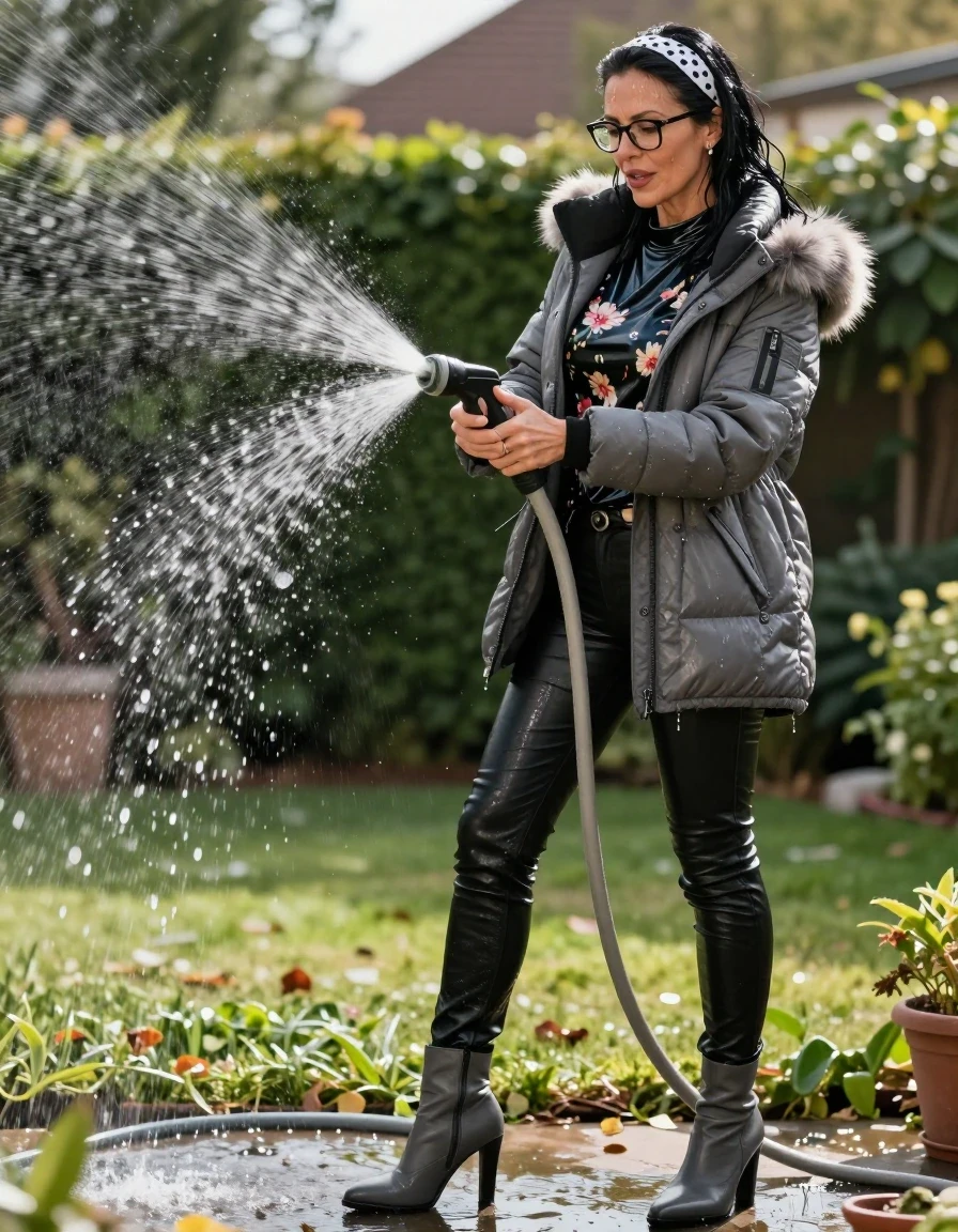 photo of young woman, in soaking wet, drenched clothes,
high-heeled Gray boots, maxi shiny black tight leather jeans, shiny high-neck black floral t-shirt with long sleeves, maxi gray down jacket with fur, pouring water with the hose on, in sunny garden, 
enjoying, wet clothes stuck to body,
detailed textures of the wet clothes, wet face, wet plastered hair,
wet, drenched, professional, high-quality details, full body view.
sharp focus, ultra-high pixel detail, realistic, high-quality, full colors, incredibly detailed, 4k, 8k, 16k, hyper-realistic, RAW photo, masterpiece, ultra-detailed, professionally color graded, professional photograph, european brunette skinny woman 50 years old, long dark black hair, white polka-dot headband, office glasses, very big and thick lips, complete body, wet skin, wet clothes, damp fabric, wet skin, wet clothes, damp fabric, wet skin, wet clothes, damp fabric, wet skin, wet clothes, damp fabric, wet skin, wet clothes, damp fabric, wet skin, wet clothes, damp fabric, wet skin, wet clothes, damp fabric, wet skin, wet clothes, damp fabric, wet skin, wet clothes, damp fabric