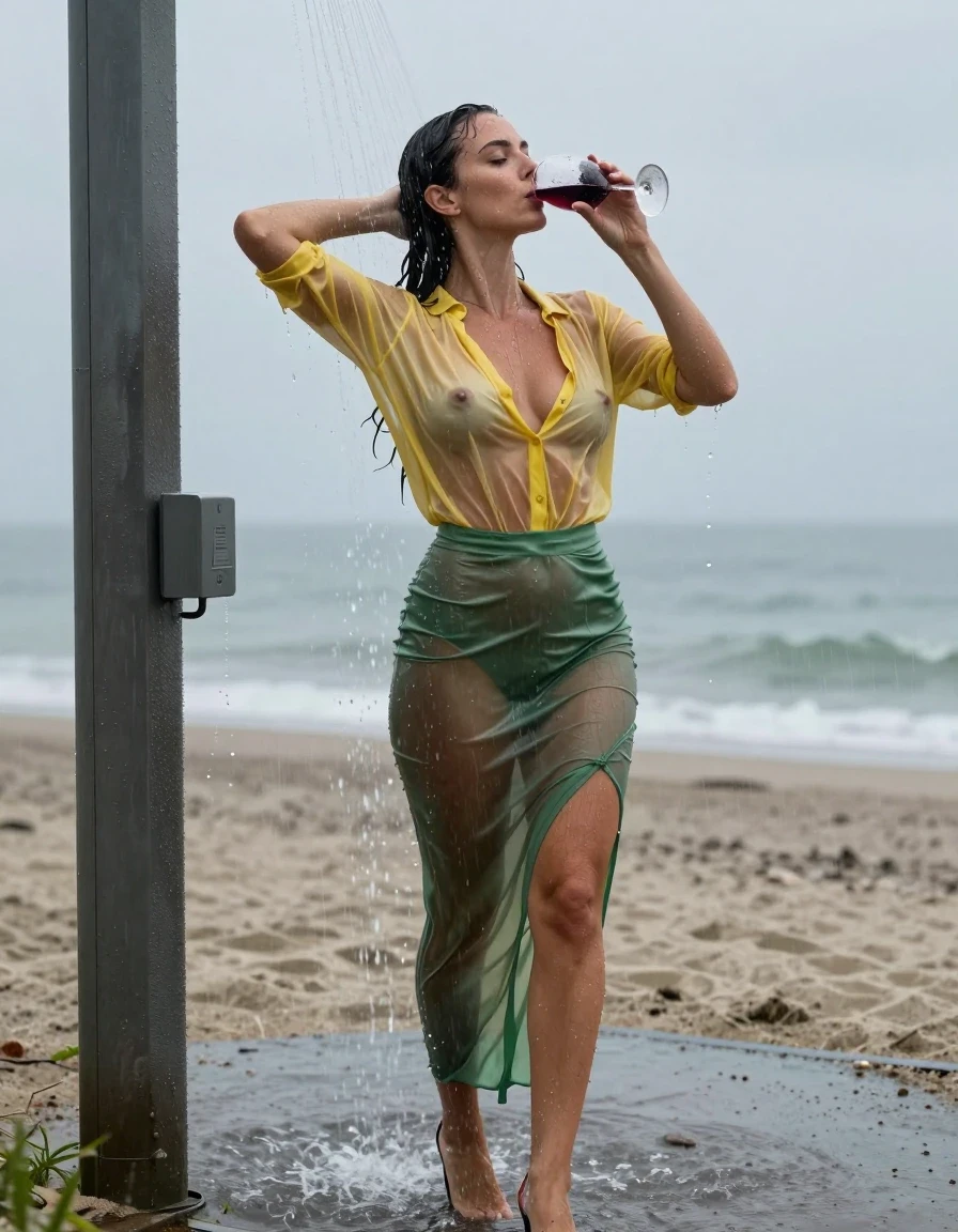 photo of young woman, in soaking wet, drenched clothes,
high-heels, see-through green satin silk slim floor-length skirt, tranparent, dark yellow silk blouse, no underwear, stand in the water of a shower at the beach, 
enjoying, wet clothes stuck to body,
detailed textures of the wet clothes, wet face, wet plastered hair,
wet, drenched, professional, high-quality details, full body view.
sharp focus, ultra-high pixel detail, realistic, high-quality, full colors, incredibly detailed, 4k, 8k, 16k, hyper-realistic, RAW photo, masterpiece, ultra-detailed, professionally color graded, professional photograph, heavy rain, completely soaked, drenched, dripping wet, visible breasts, drinking a glass of red wine, wet skin, wet clothes, damp fabric, wet skin, wet clothes, damp fabric, wet skin, wet clothes, damp fabric
