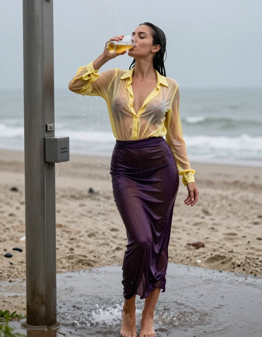 photo of young woman, in soaking wet, drenched clothes,
high-heels, see-through dark purple satin silk slim floor-length skirt, tranparent, dark yellow silk blouse,buttoned, long sleeves, no underwear, stand in the water of a shower at the beach, 
enjoying, wet clothes stuck to body,
detailed textures of the wet clothes, wet face, wet plastered hair,
wet, drenched, professional, high-quality details, full body view.
sharp focus, ultra-high pixel detail, realistic, high-quality, full colors, incredibly detailed, 4k, 8k, 16k, hyper-realistic, RAW photo, masterpiece, ultra-detailed, professionally color graded, professional photograph, heavy rain, completely soaked, drenched, dripping wet, visible breasts, drinking a glass of beer, wet skin, wet clothes, damp fabric, wet skin, wet clothes, damp fabric, wet skin, wet clothes, damp fabric