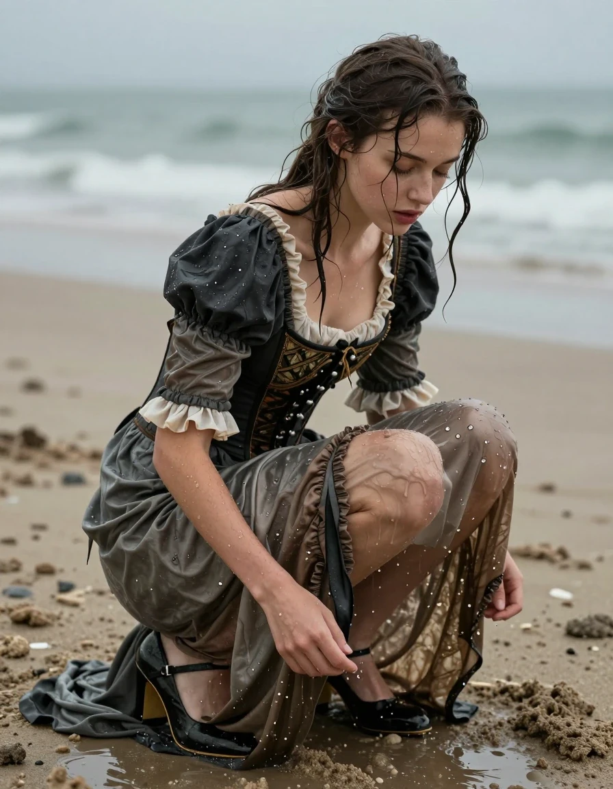 photo of young woman, in soaking wet, drenched clothes,
Black heels, Victorian undergarments, Corset, Beach, 
enjoying, wet clothes stuck to body,
detailed textures of the wet clothes, wet face, wet plastered hair,
wet, drenched, professional, high-quality details, full body view.
sharp focus, ultra-high pixel detail, realistic, high-quality, full colors, incredibly detailed, 4k, 8k, 16k, hyper-realistic, RAW photo, masterpiece, ultra-detailed, professionally color graded, professional photograph, wet skin, wet clothes, damp fabric