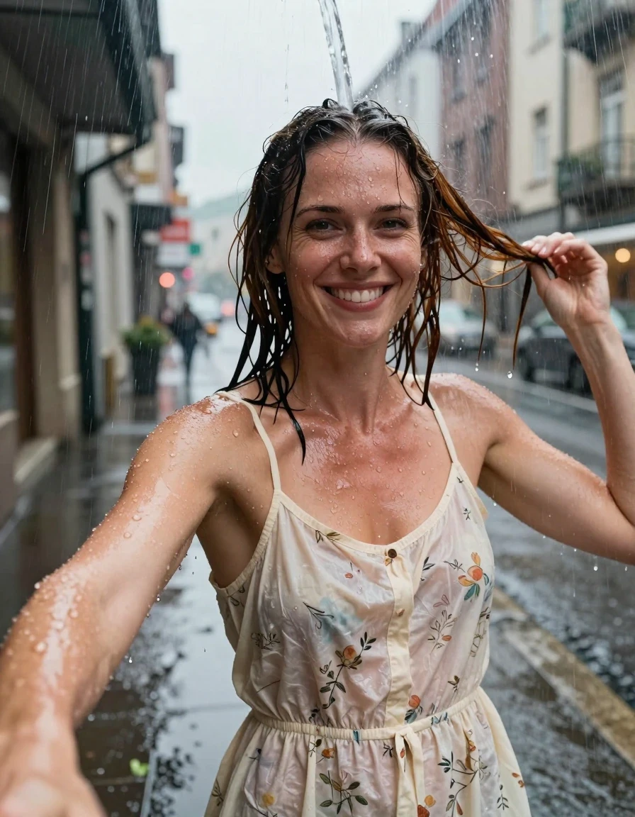 A hyper-realistic selfie photo of a fit woman in her late 30s with chestnut hair, standing directly under the heavy deluge of a gutter downspout in downtown during a rainy afternoon. She is smiling joyfully, holding the camera out with one arm while her other hand is mid-motion, slicking back her soaking-wet hair. She is wearing a cream-colored cotton sundress with a subtle floral pattern, which is completely drenched, clinging to her body, and rendered translucent by the water; the fabric is heavy with moisture, showing deep folds, dark saturated patches, and a high-sheen wet texture against her skin. Her skin is glistening with water, and her chestnut hair is plastered to her head and shoulders. The environment is a rainy, urban city street with blurred wet pavement and ambient city light reflecting off puddles. The image captures a sharp, high-fidelity photographic perspective, detailed skin pores, realistic water droplets, natural light, 8k resolution, cinematic lighting, and authentic wet-look textures.
