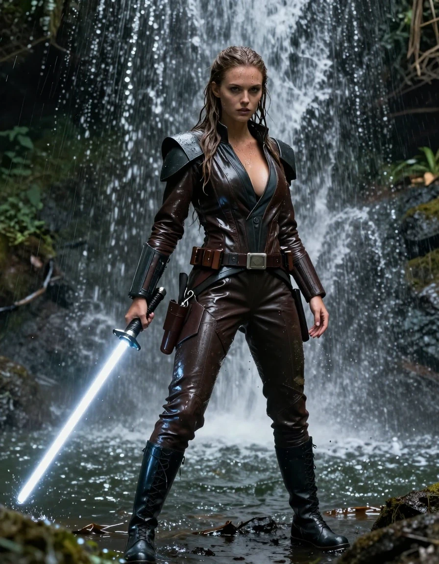 photo of young woman, in soaking wet, drenched clothes,
black combat boots, star wars  dark jedi martial outfit in patent leather and leather,  water fall with a swamp lake, a dark jungle is in the background, Star Wars style, 
enjoying, wet clothes stuck to body,
detailed textures of the wet clothes, wet face, wet plastered hair,
wet, drenched, professional, high-quality details, full body view.
sharp focus, ultra-high pixel detail, realistic, high-quality, full colors, incredibly detailed, 4k, 8k, 16k, hyper-realistic, RAW photo, masterpiece, ultra-detailed, professionally color graded, professional photograph, a young nordic girl with big boobs wears a dark jedi outfit. The cascade of the waterfall falls onto the woman’s hair and body. Where the water strikes her body, it splashes in all directions. the girl is holding a star wars light saber in their hand. she is ready to fight. the clothes are completly drenched and dirty and muddy from the swamp.  wet skin, wet hair, wet clothes, damp fabric, wet skin, wet clothes, damp fabric
